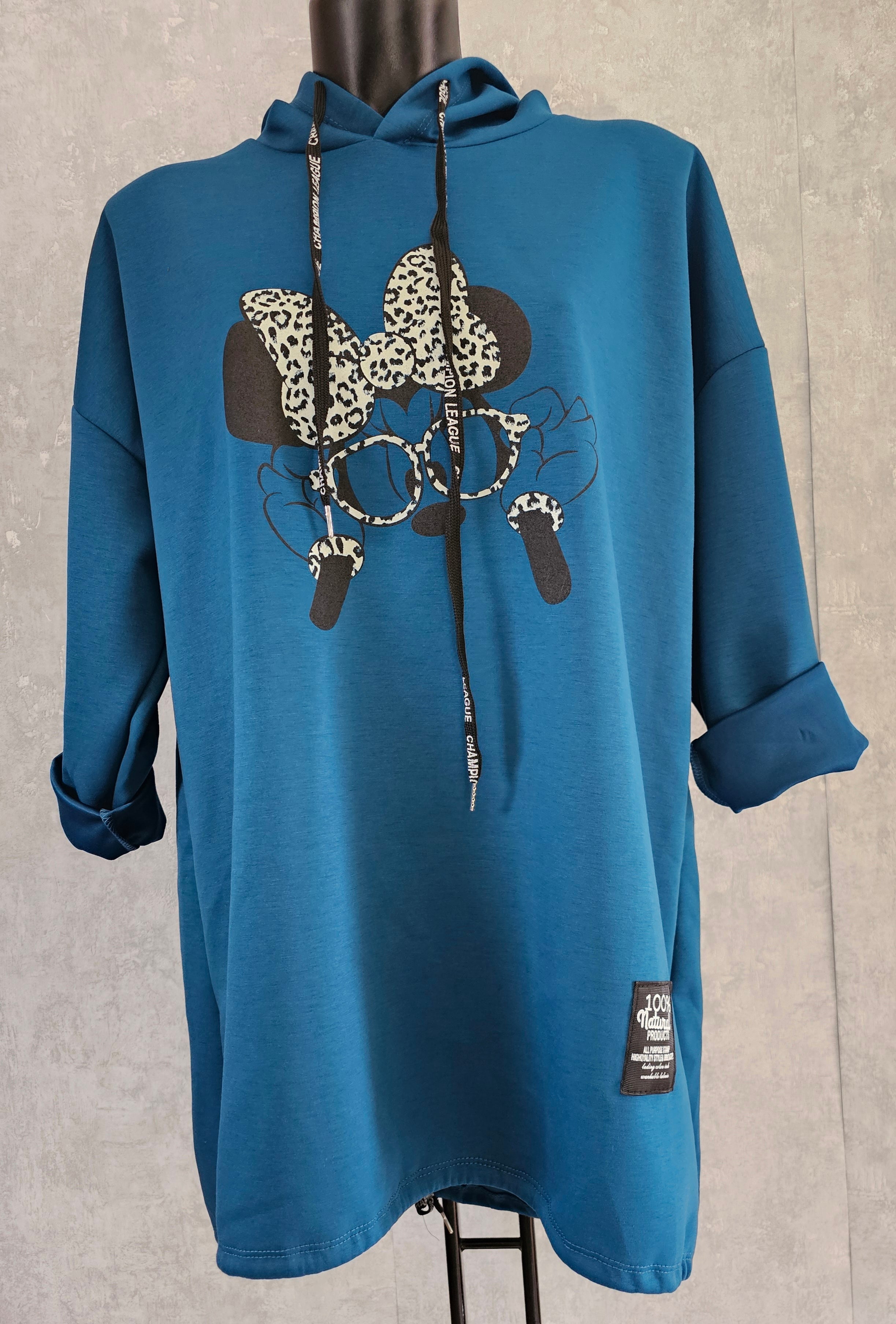 Oversize Damen Tunika mit Kapuze und Print