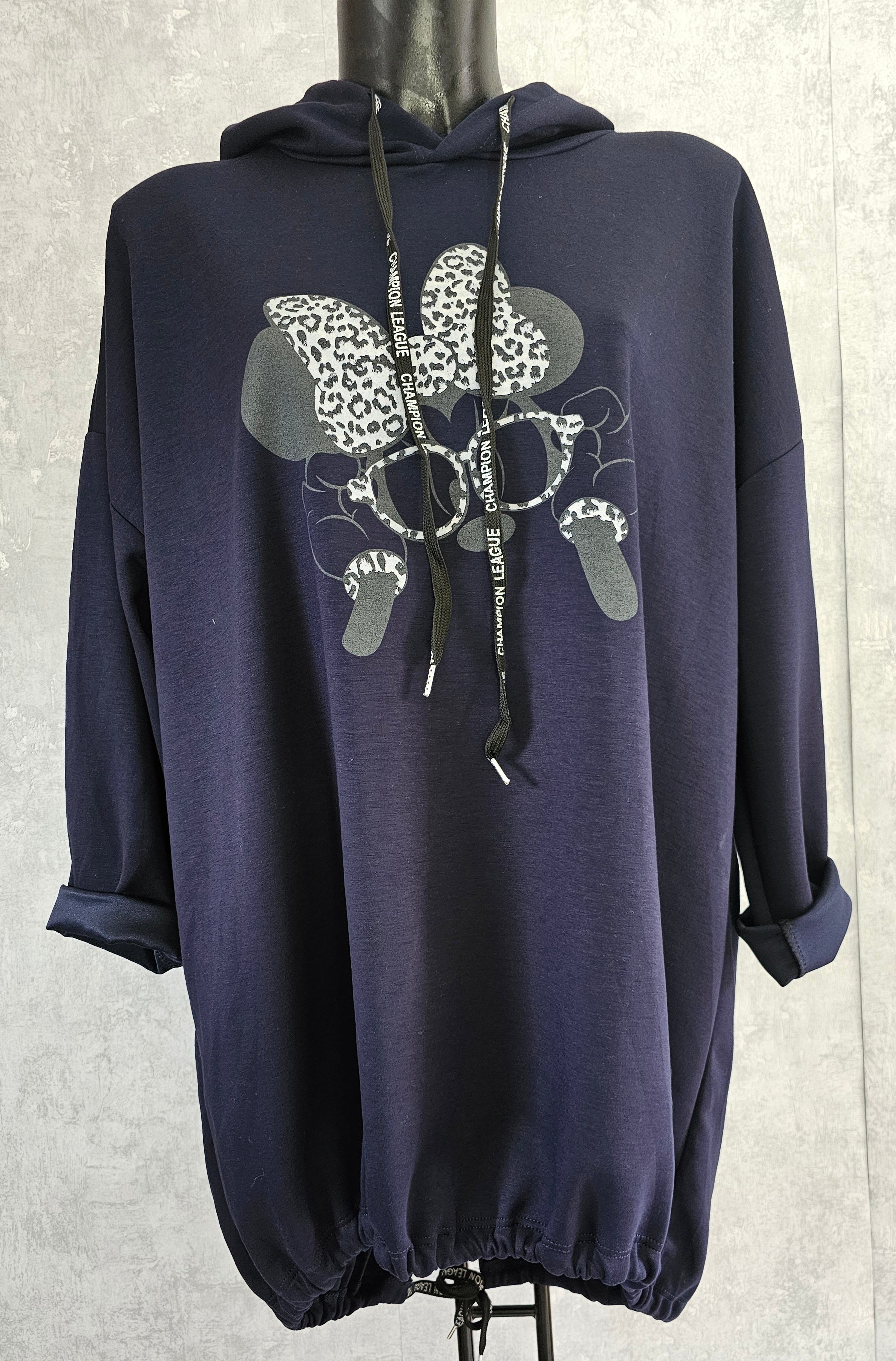 Oversize Damen Tunika mit Kapuze und Print