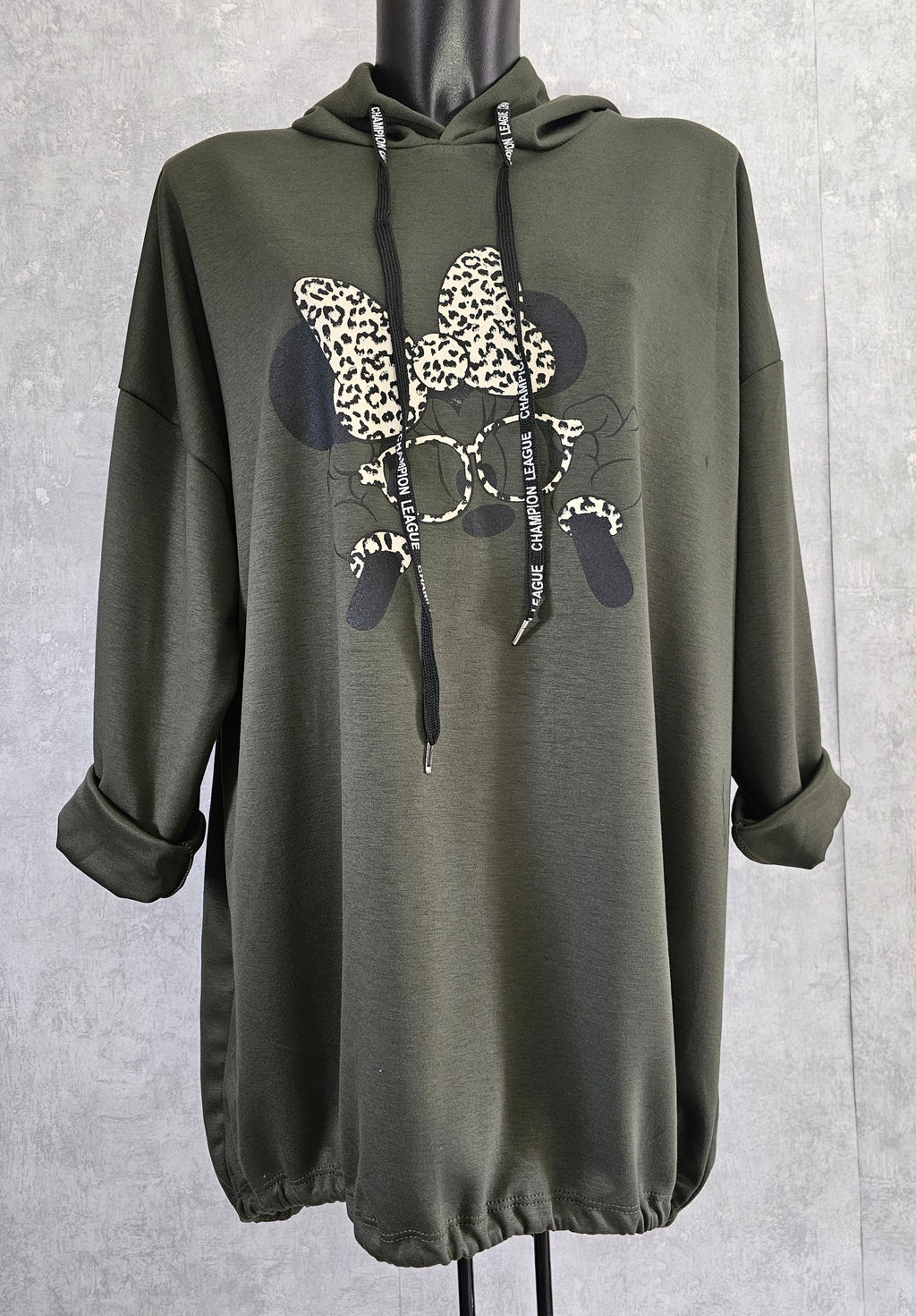 Oversize Damen Tunika mit Kapuze und Print