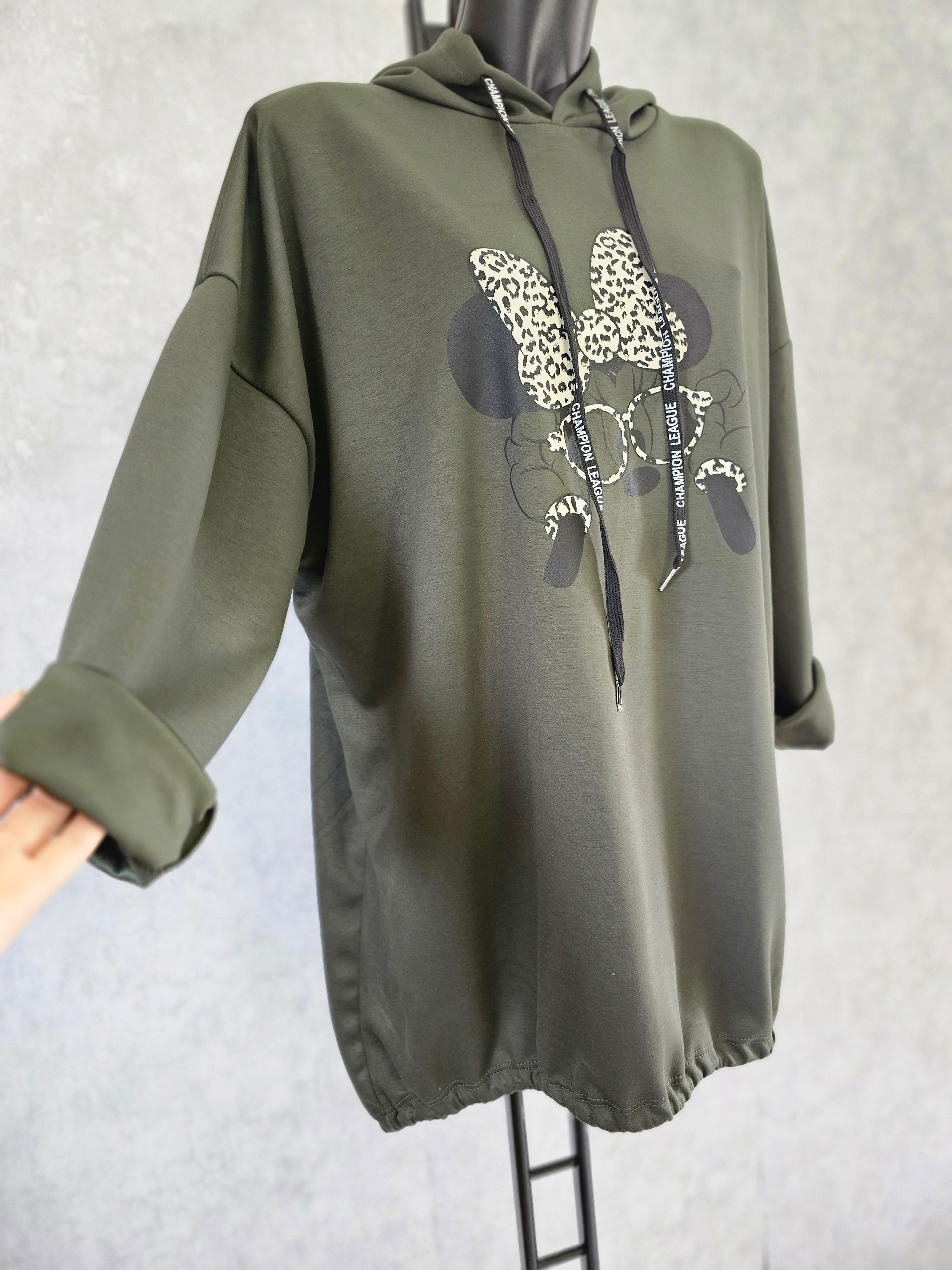 Oversize Damen Tunika mit Kapuze und Print