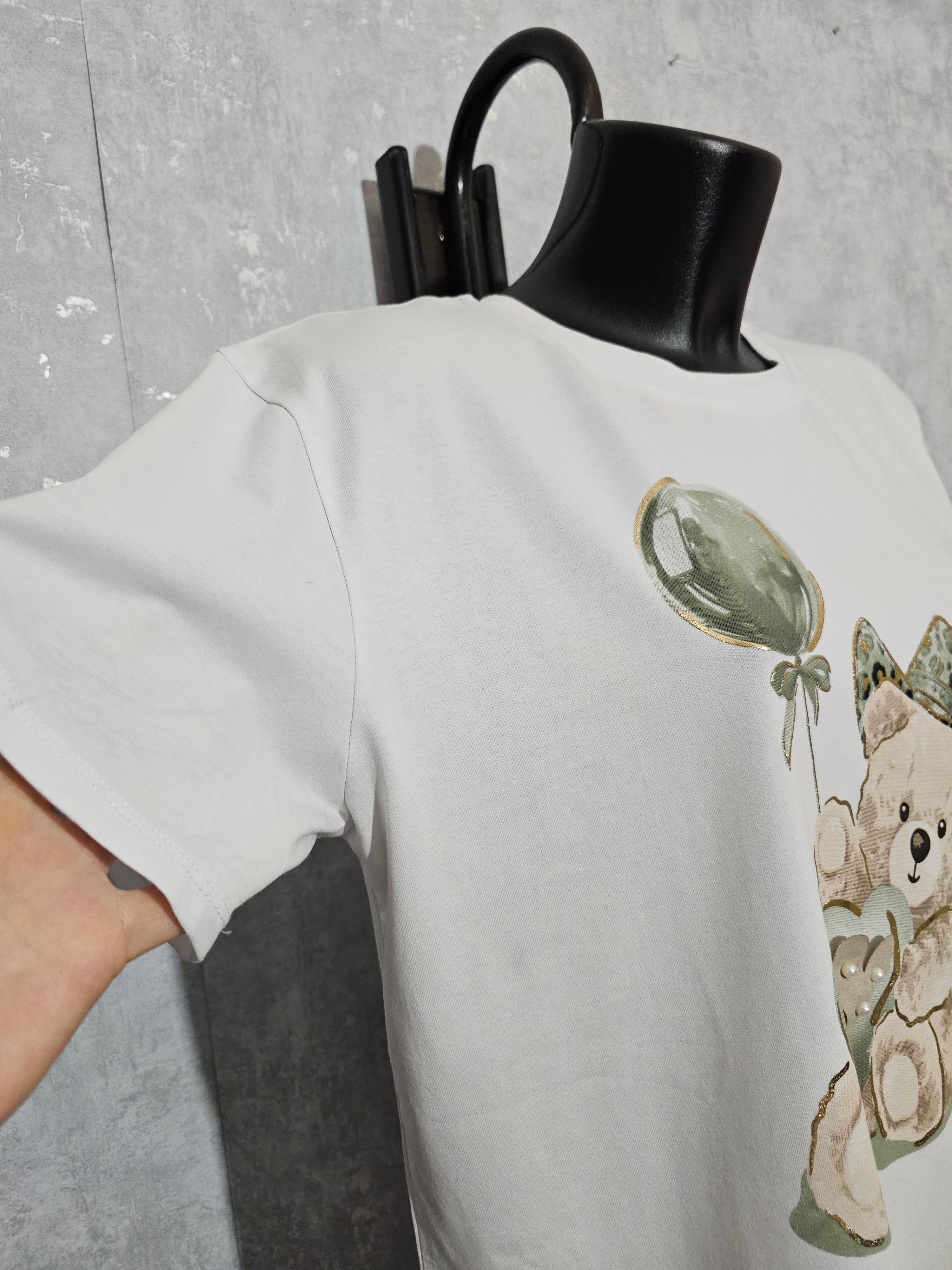 Made in Italy Damen T-Shirt mit Teddy-Motiv | Premium Baumwolle | Edles Design mit Perlen