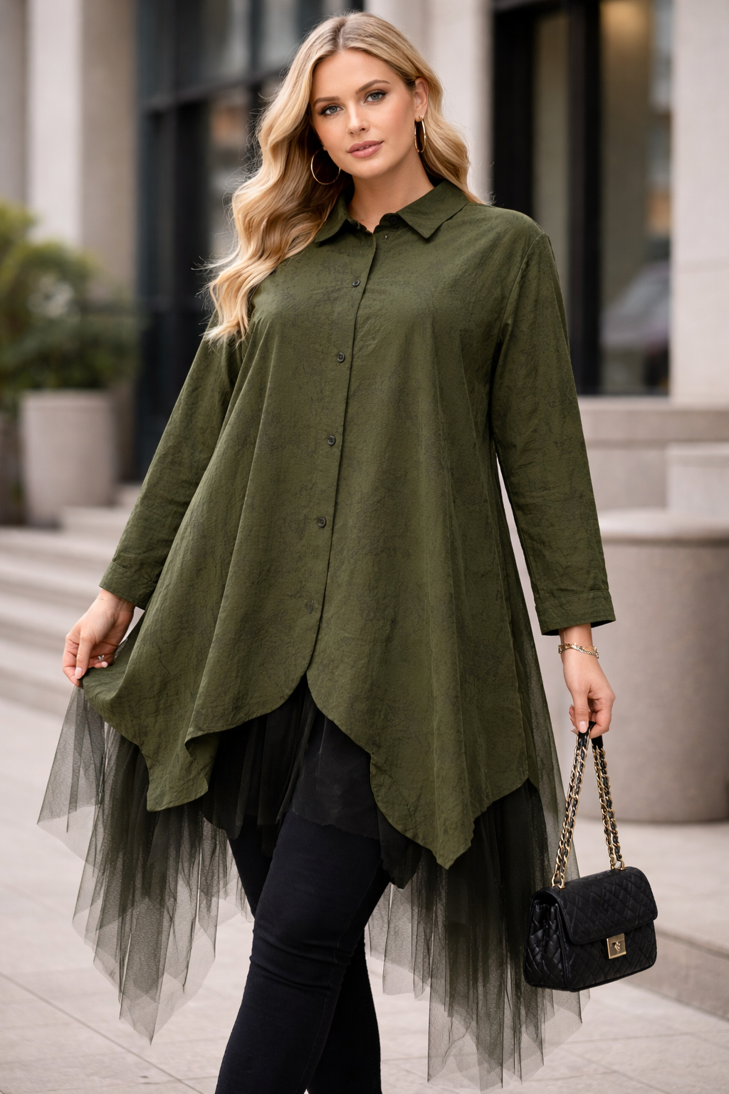 Lange Damen Tunika mit Tüll – Khaki | Oversize XXL–XXXL