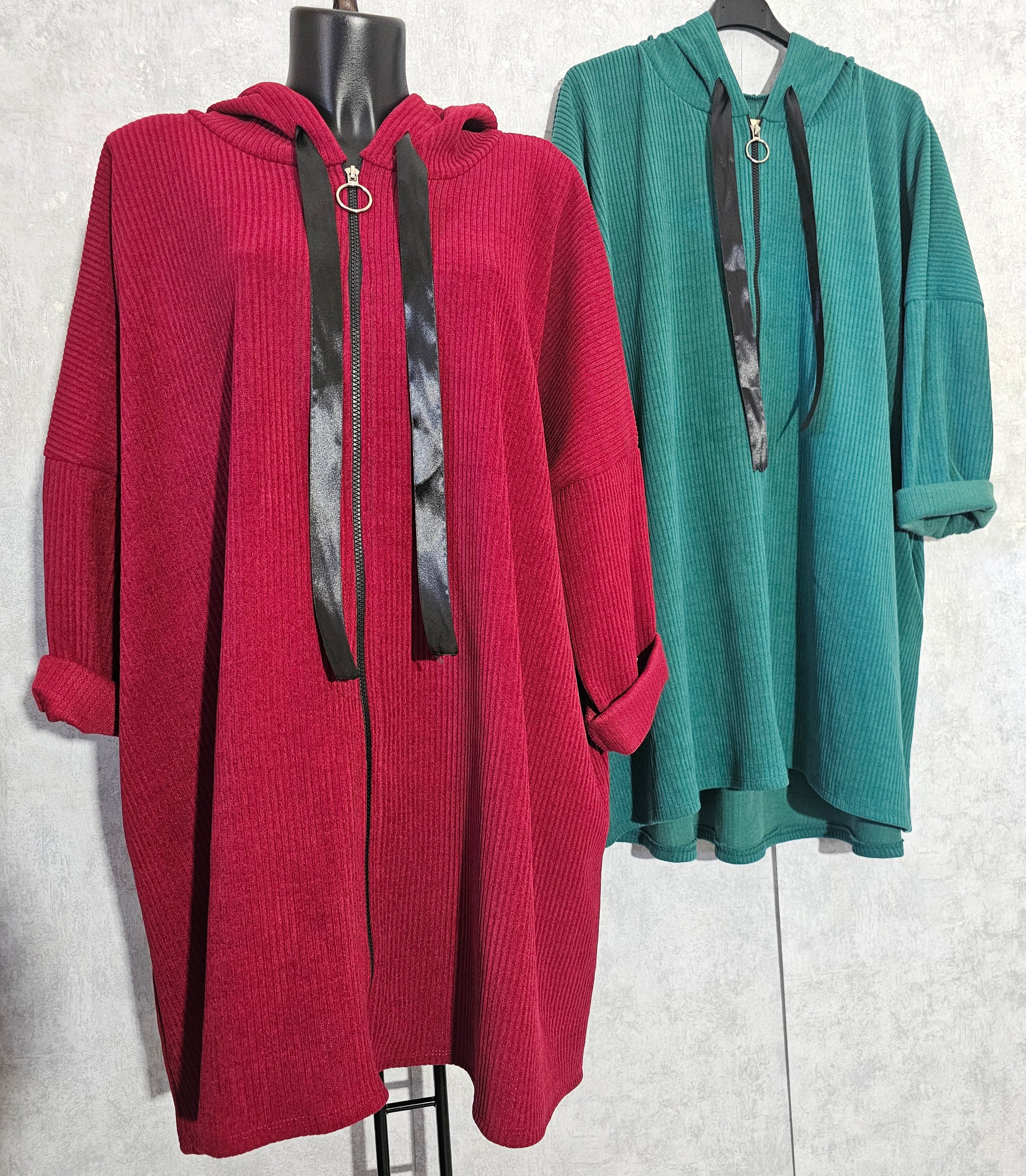 Oversize Jacke/Tunika mit Kapuze, Reißverschluss & Taschen