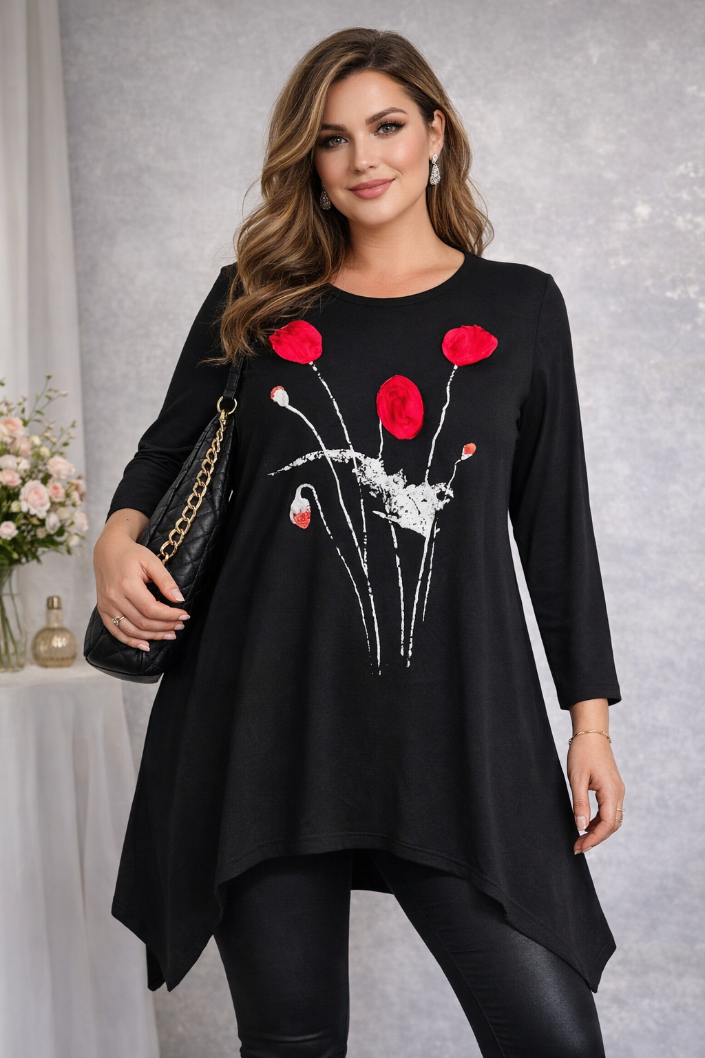 Elegante Damen Tunika mit 3D-Blumen – Schwarz/Rot – Größe 48