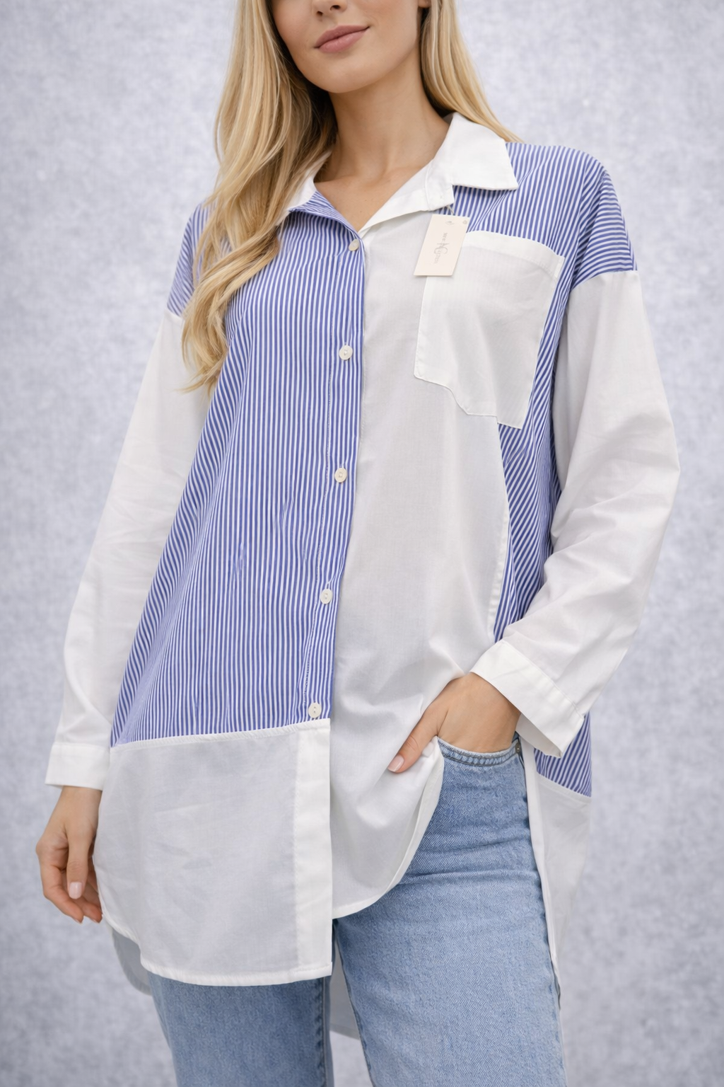 Oversize Damenbluse gestreift | Blau-Weiß | Lange Hemdbluse | Lockere Passform