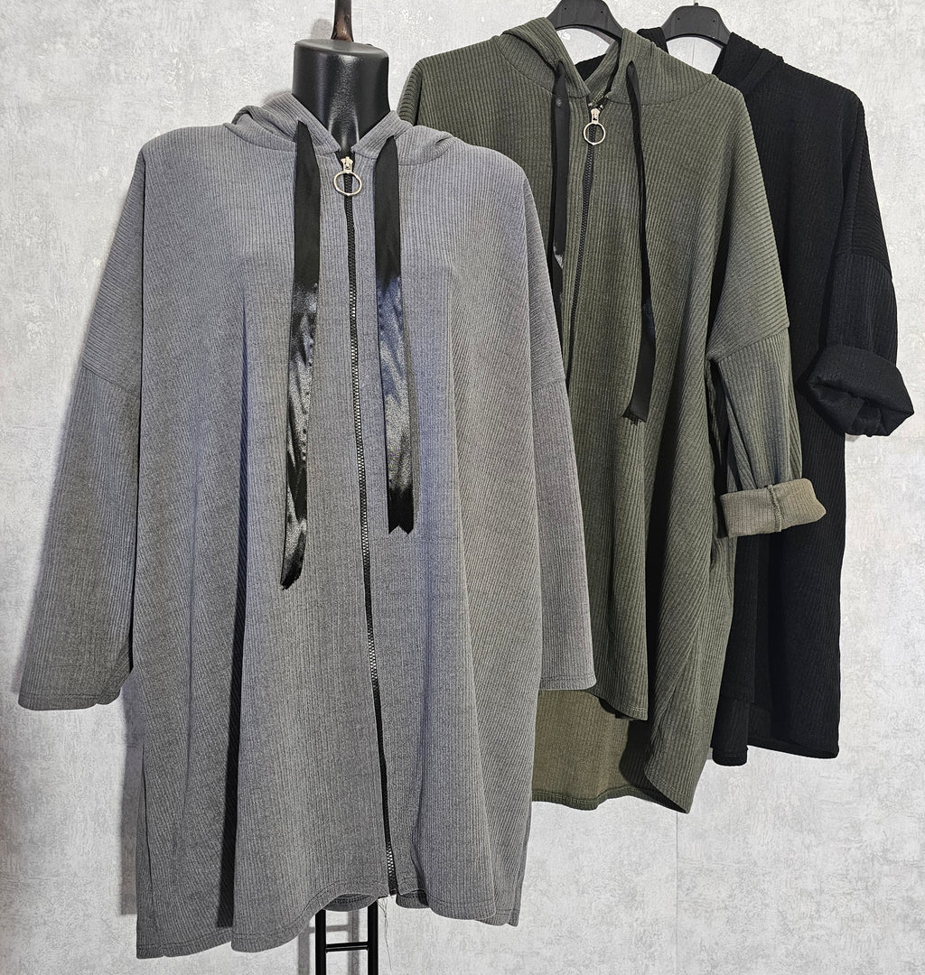 Oversize Jacke/Tunika mit Kapuze, Reißverschluss & Taschen