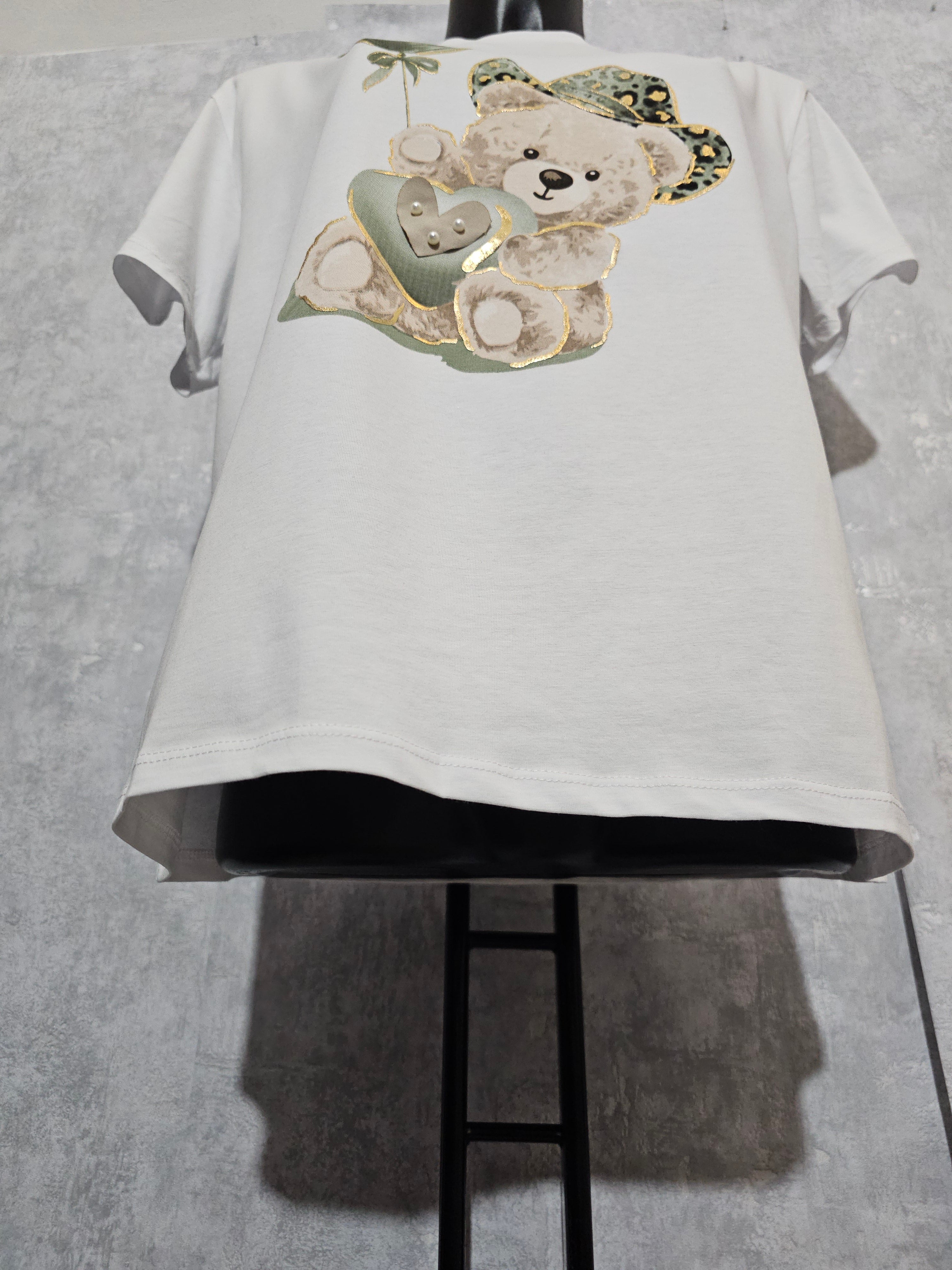 Made in Italy Damen T-Shirt mit Teddy-Motiv | Premium Baumwolle | Edles Design mit Perlen