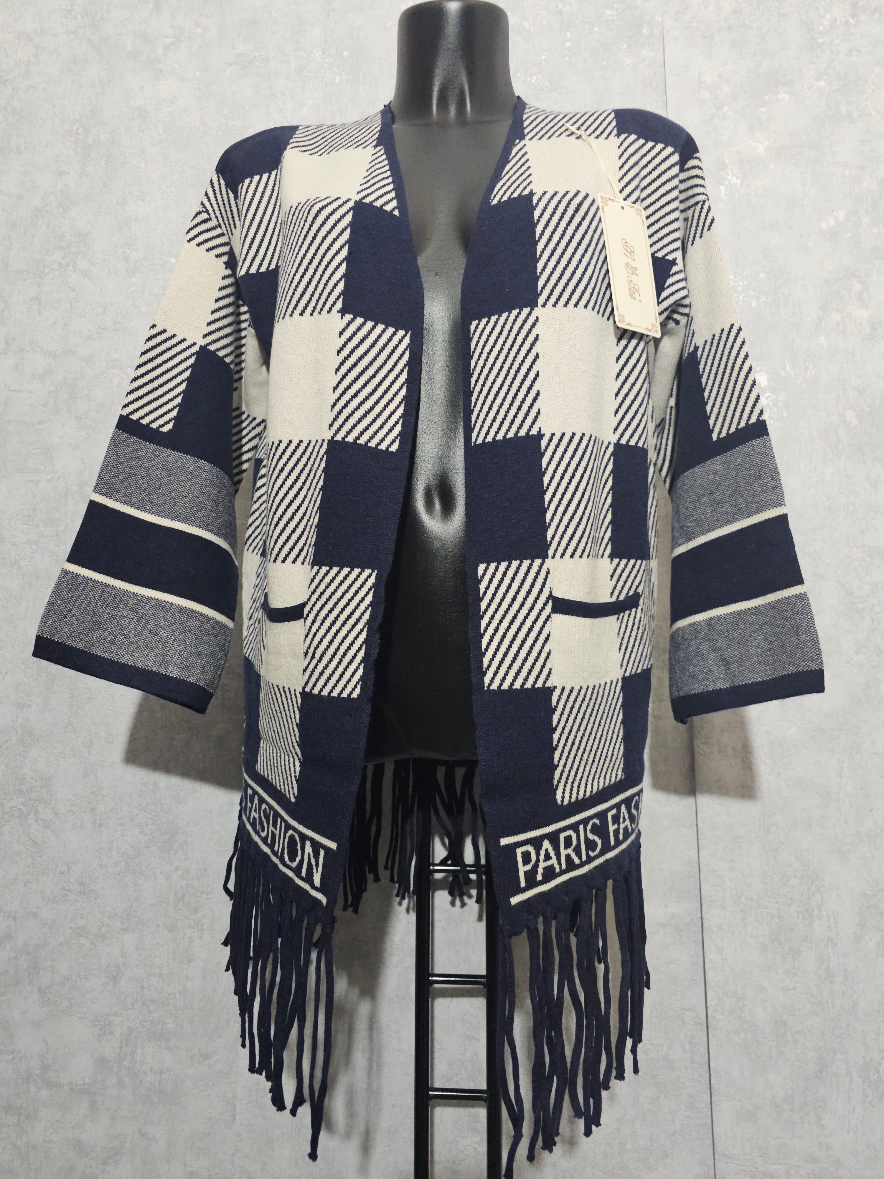 Paris Fashion Cardigan – Premium Kaschmir-Anteil, XL/XXL – Navy/Weiß, Fransen – Weich & Warm