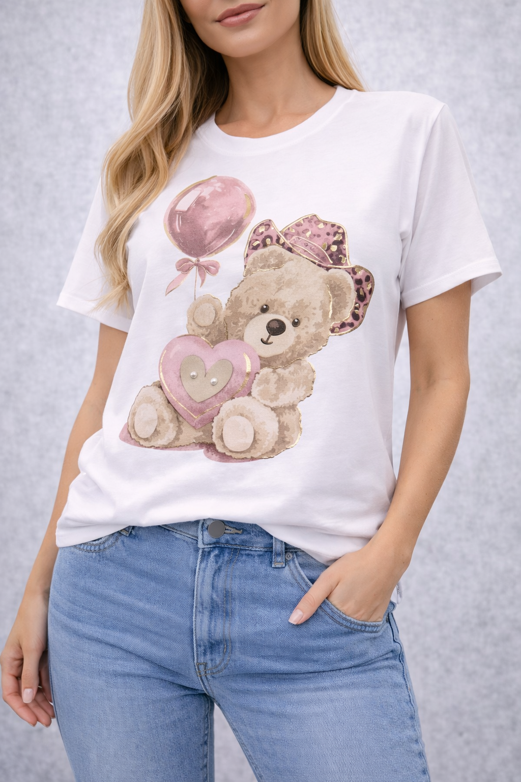 Made in Italy Damen T-Shirt mit Teddy-Motiv | Premium Baumwolle | Edles Design mit Perlen