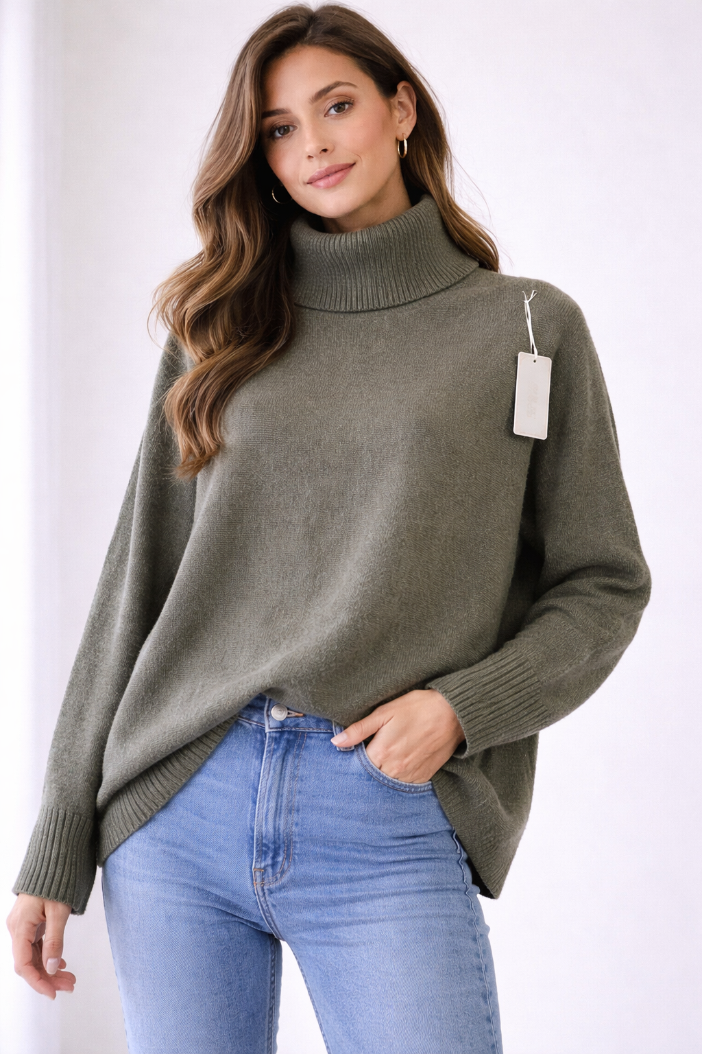 Oversize Rollkragen Strickpullover – Olivgrün | L/XL