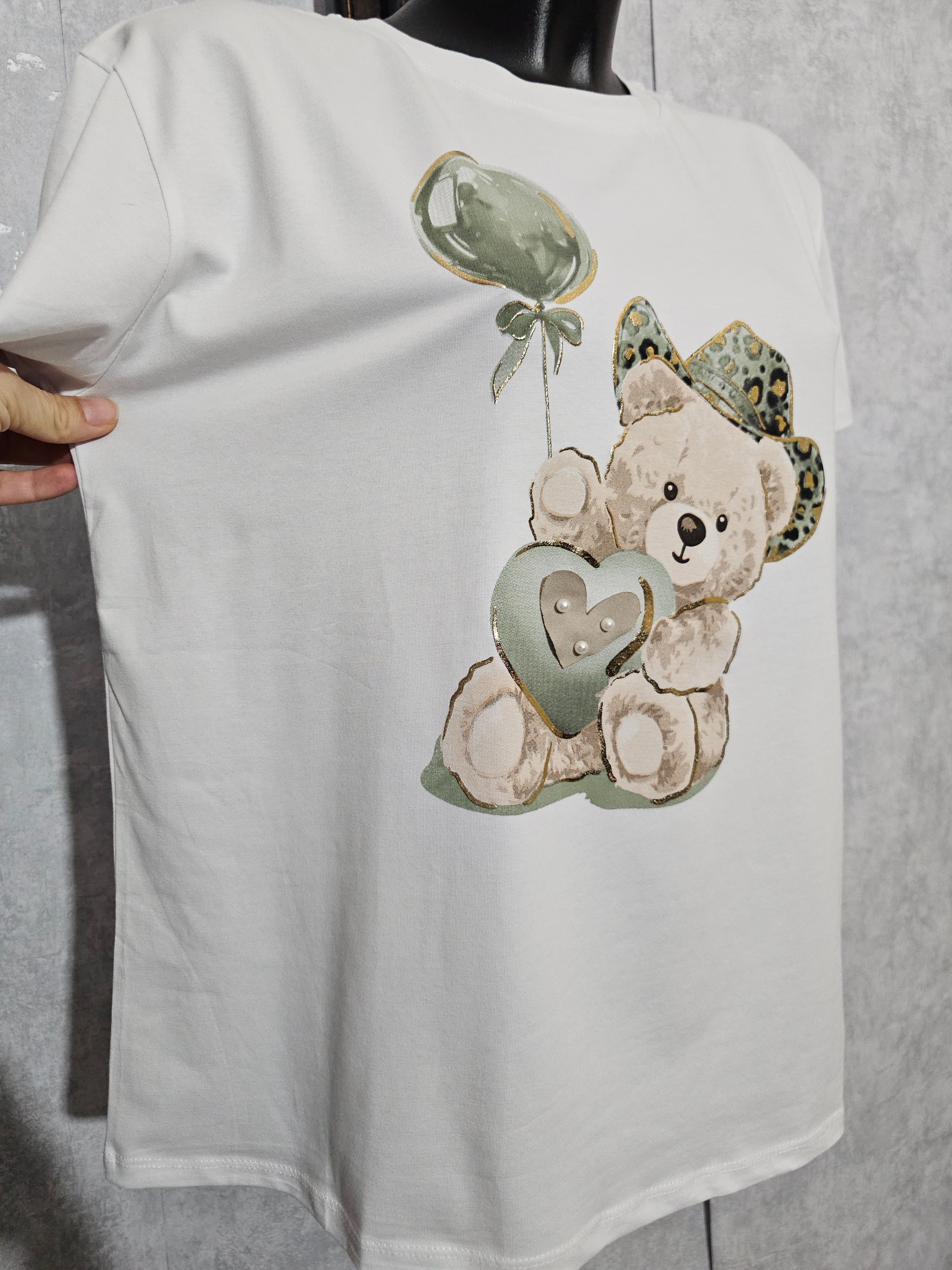 Made in Italy Damen T-Shirt mit Teddy-Motiv | Premium Baumwolle | Edles Design mit Perlen