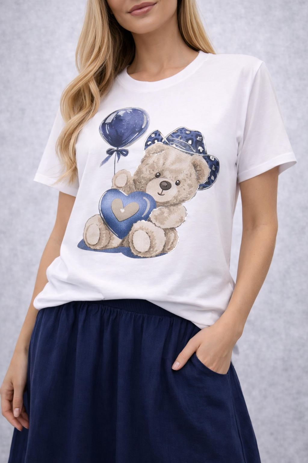 Made in Italy Damen T-Shirt mit Teddy-Motiv | Premium Baumwolle | Edles Design mit Perlen