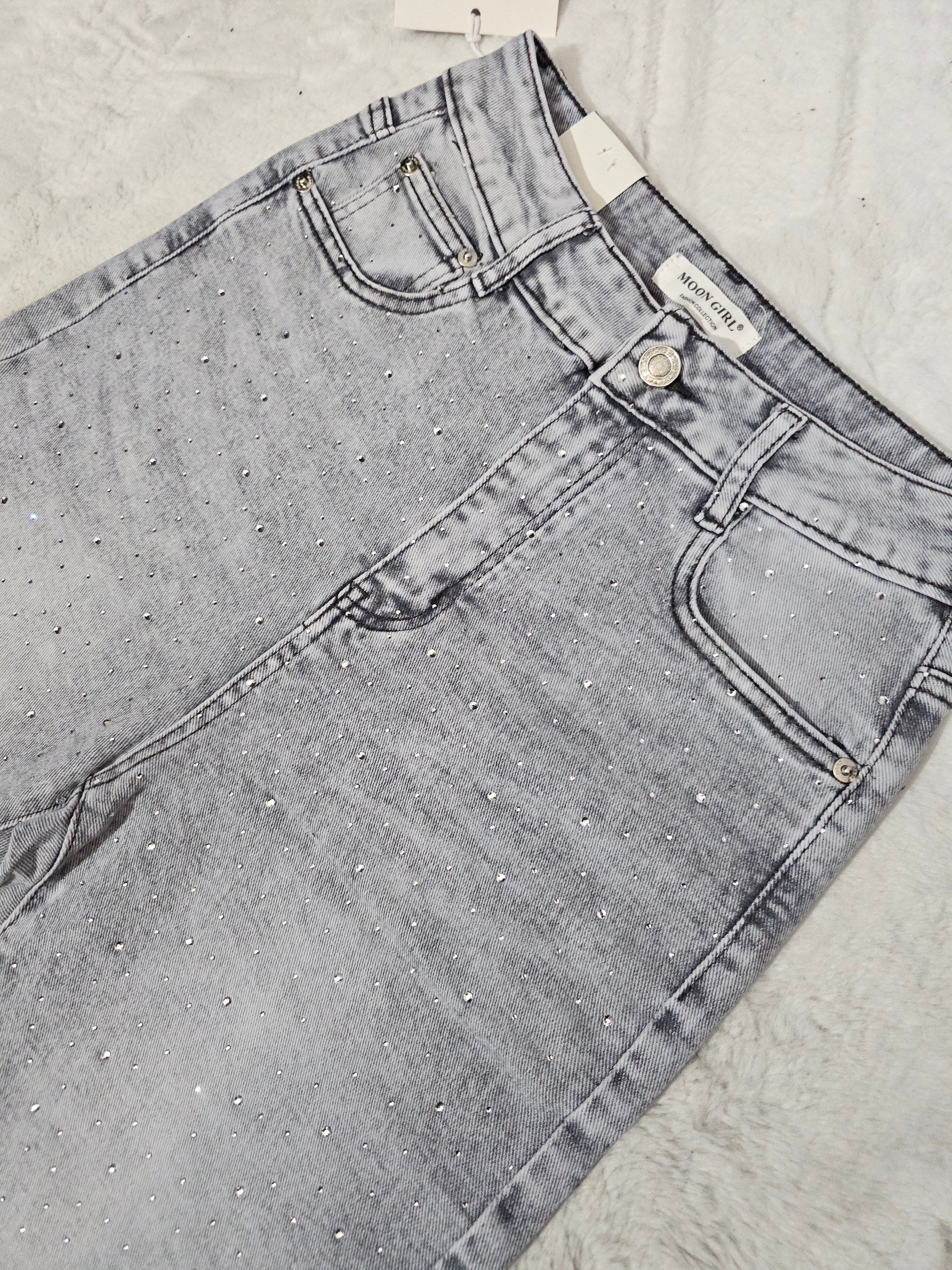 Graue High-Waist Jeans mit Strassdetails | 7/8 Slim Fit