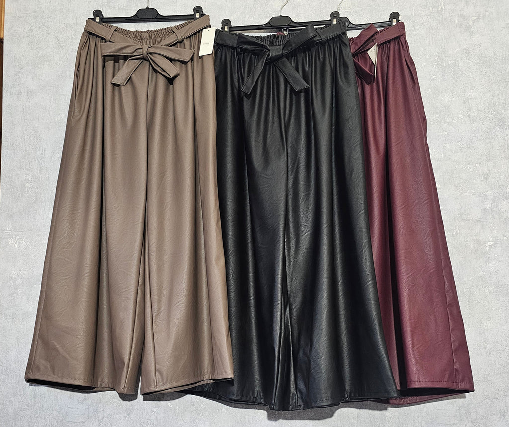Damen Culotte Hose aus Kunstleder – Weites Bein, High Waist, Made in Italy (Khaki / Bordeaux / Beige)