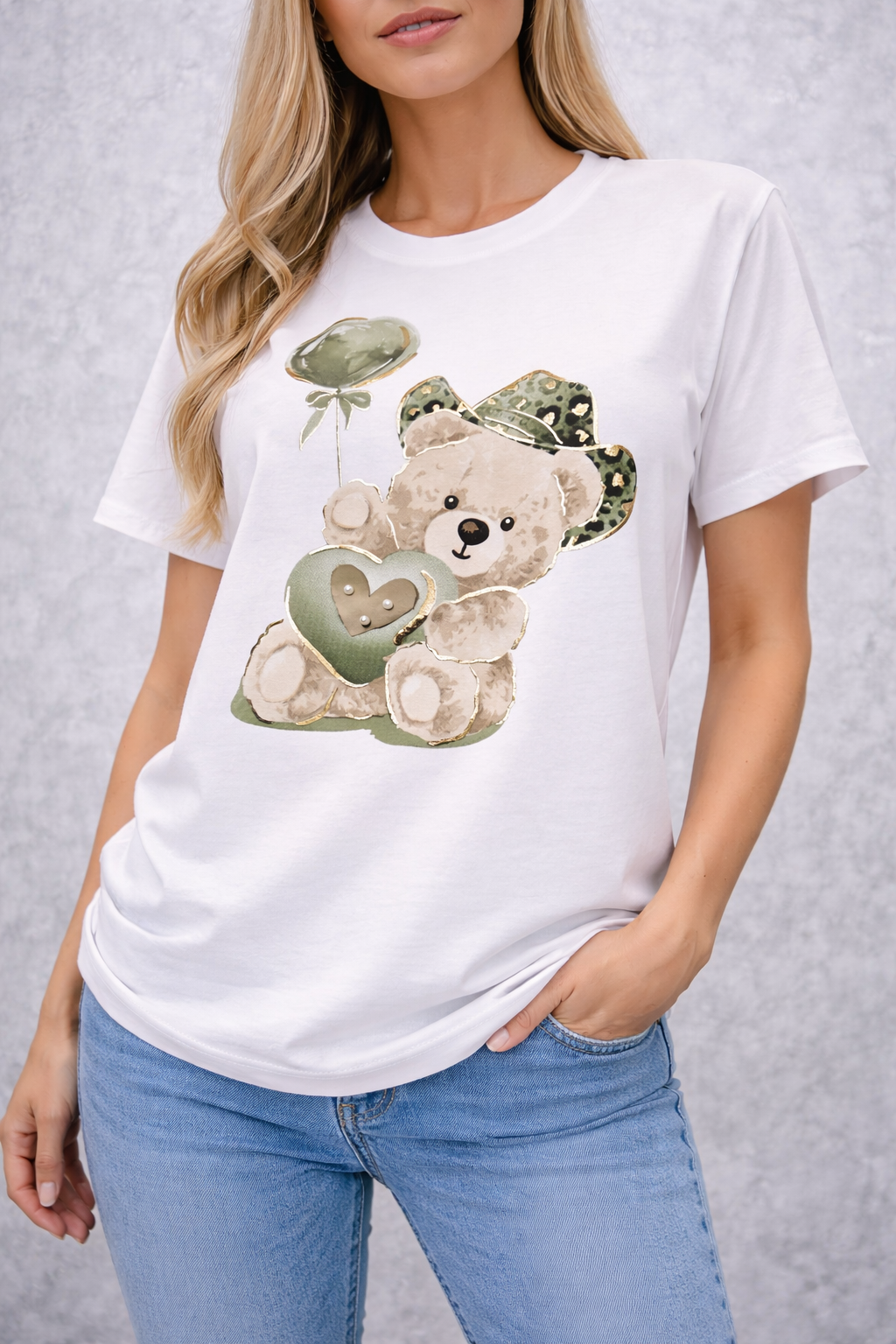 Made in Italy Damen T-Shirt mit Teddy-Motiv | Premium Baumwolle | Edles Design mit Perlen