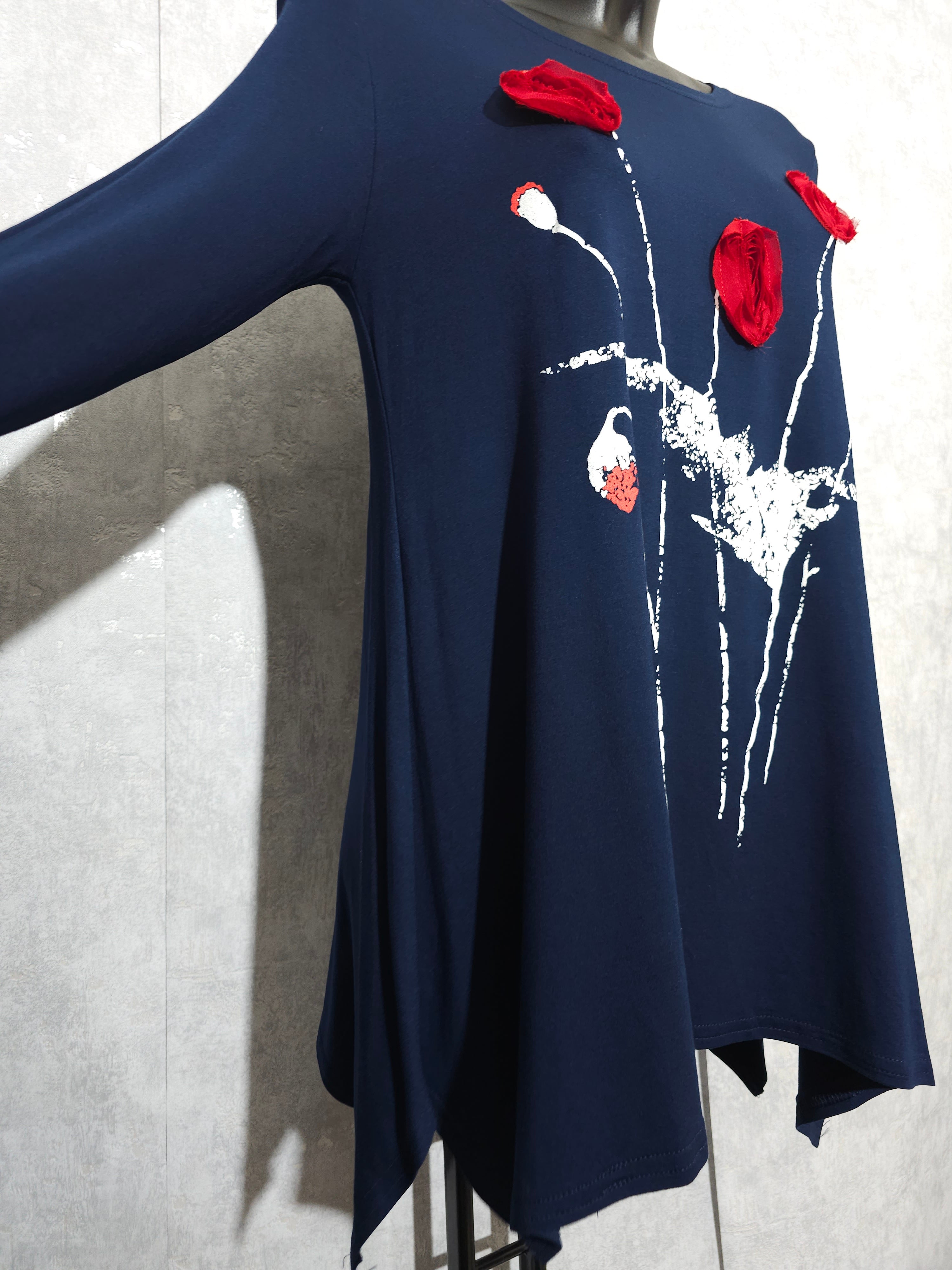 Elegante Damen Tunika mit 3D-Blumen – Blau/Rot
