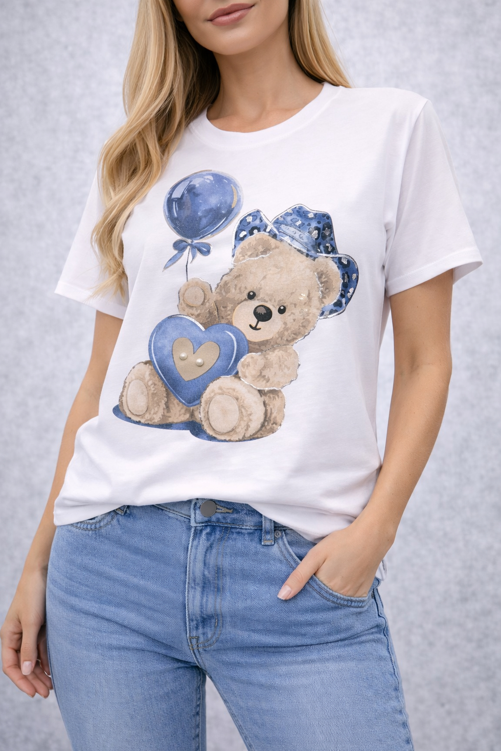 Made in Italy Damen T-Shirt mit Teddy-Motiv | Premium Baumwolle | Edles Design mit Perlen