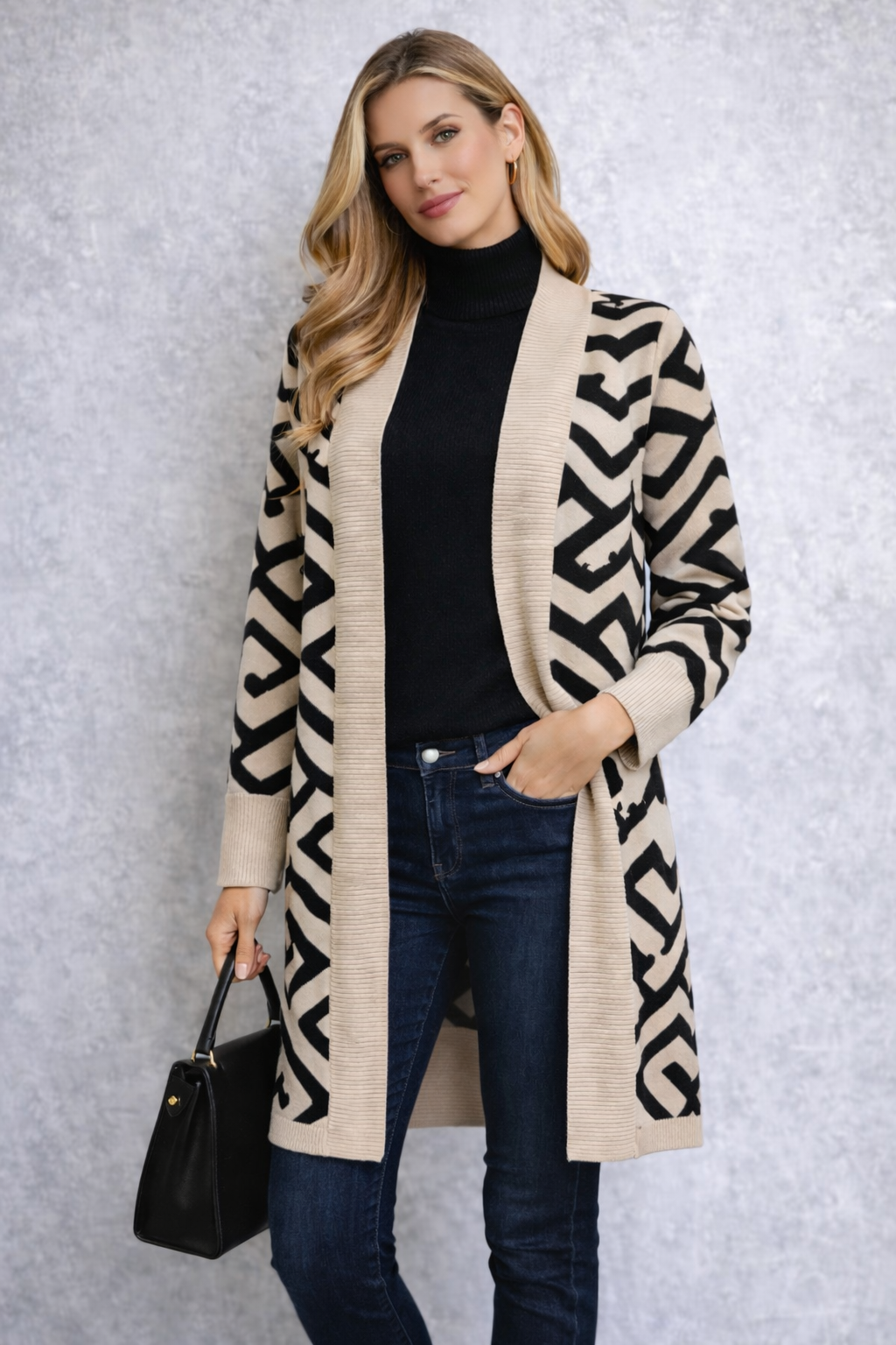 Eleganter langer Cardigan – Beige & Schwarz – hochwertig, weich & warm – M/L & L/XL