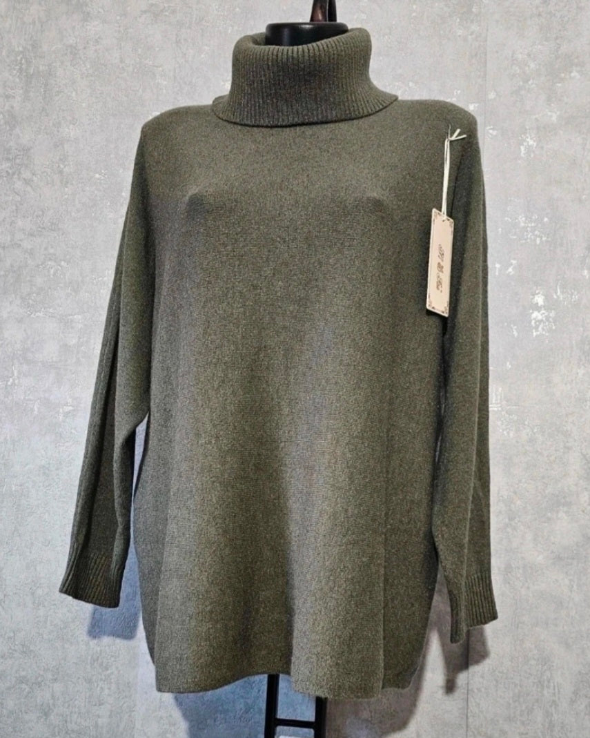Oversize Rollkragen Strickpullover – Olivgrün | L/XL