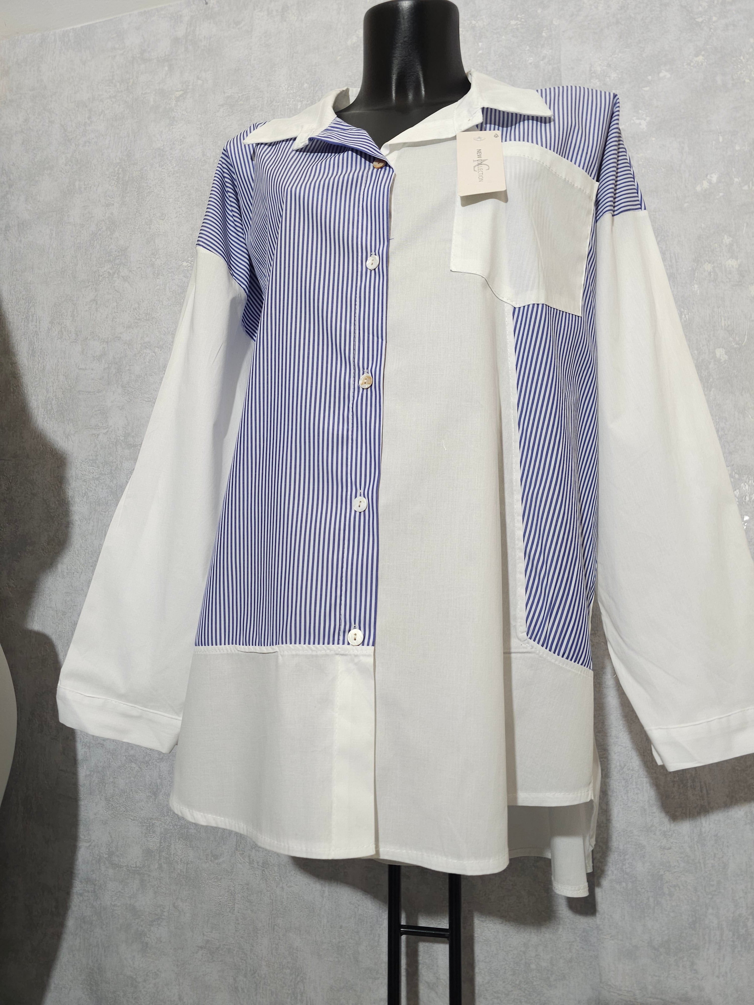 Oversize Damenbluse gestreift | Blau-Weiß | Lange Hemdbluse | Lockere Passform