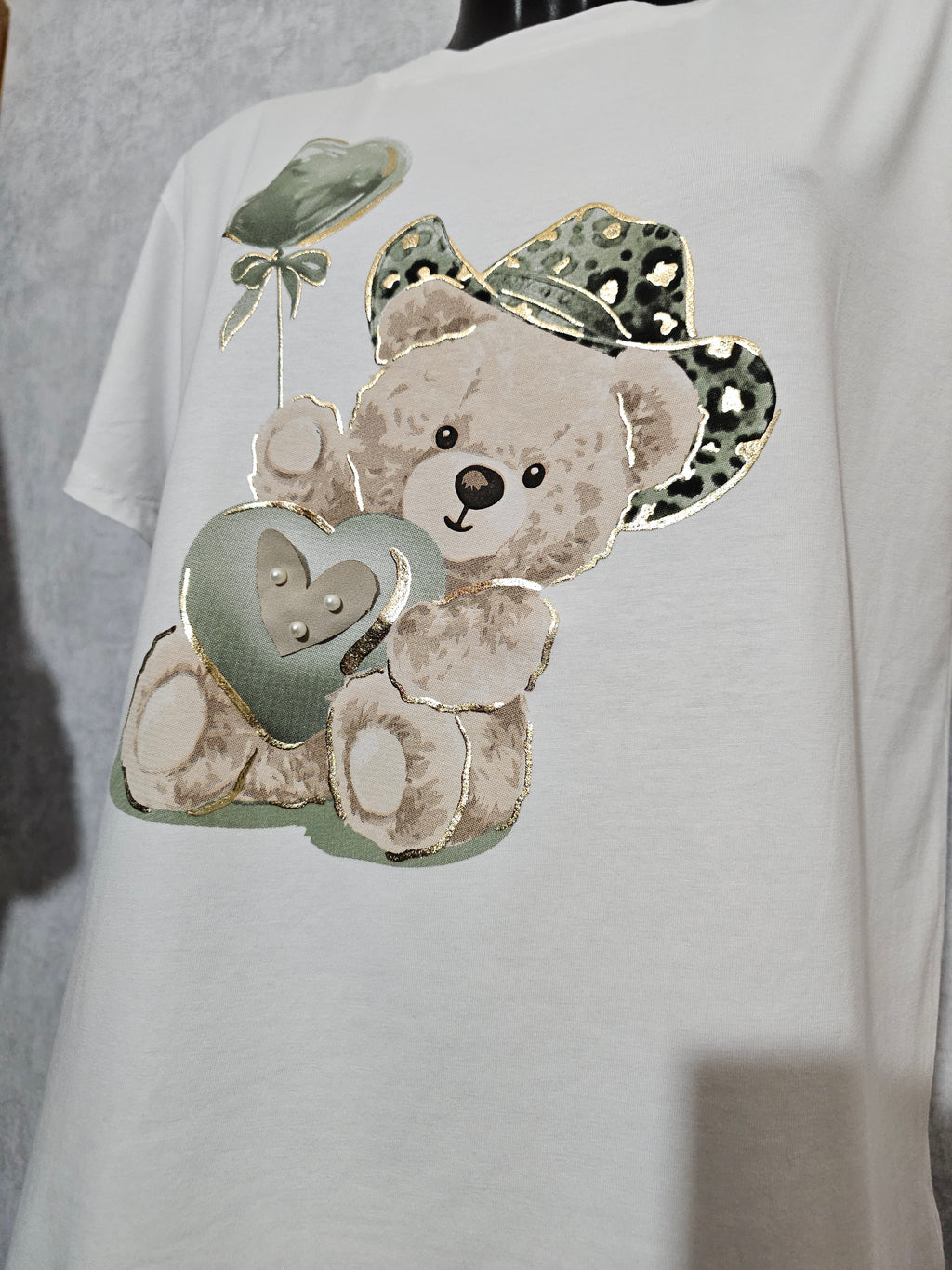 Made in Italy Damen T-Shirt mit Teddy-Motiv | Premium Baumwolle | Edles Design mit Perlen