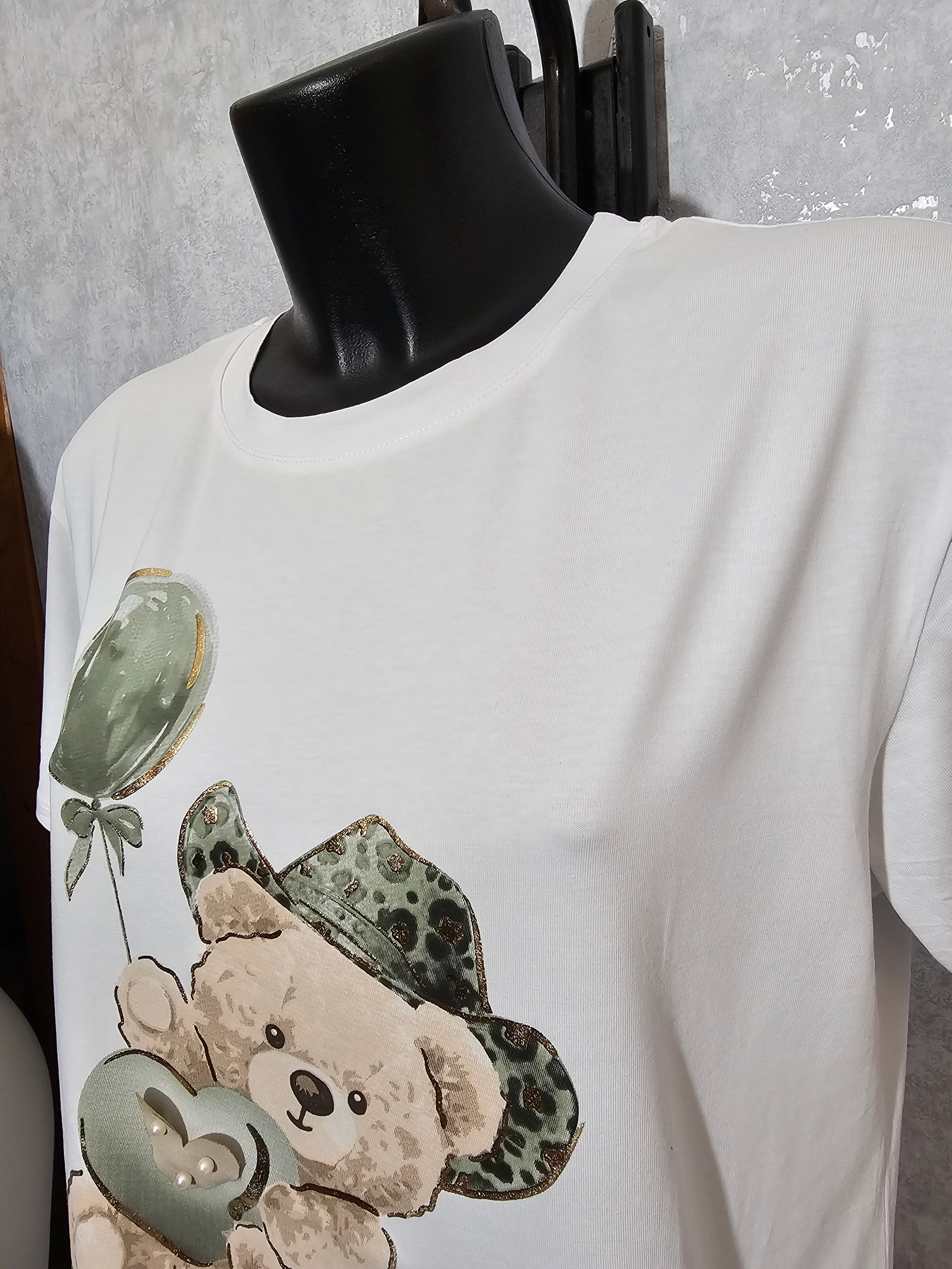 Made in Italy Damen T-Shirt mit Teddy-Motiv | Premium Baumwolle | Edles Design mit Perlen