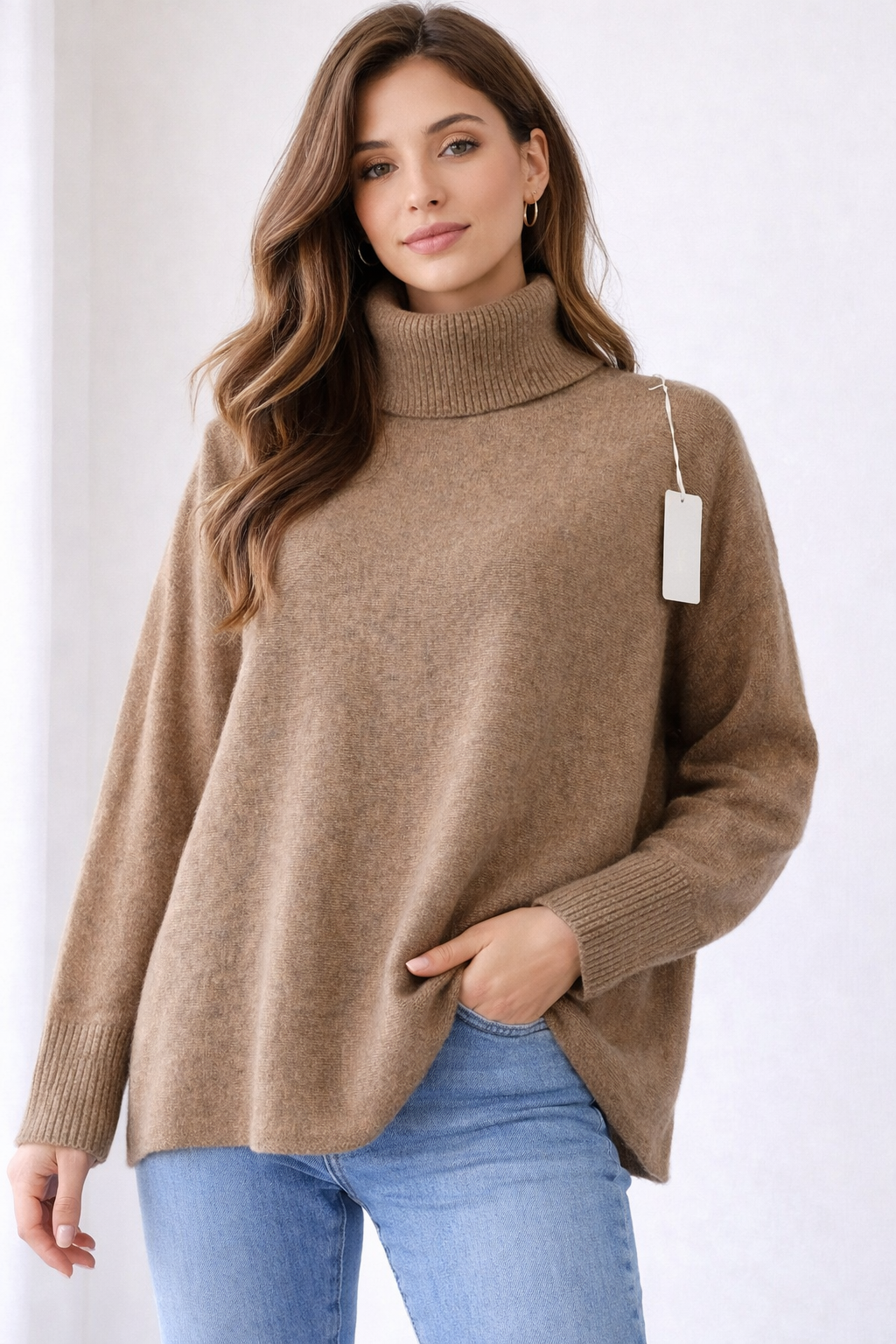 Oversize Rollkragen Strickpullover – Beige | L/XL