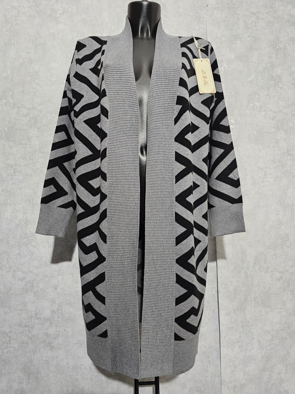 Damen Strick-Cardigan • Lang & Weich • Modernes Muster •M/L und L/XL • Grau/Schwarz