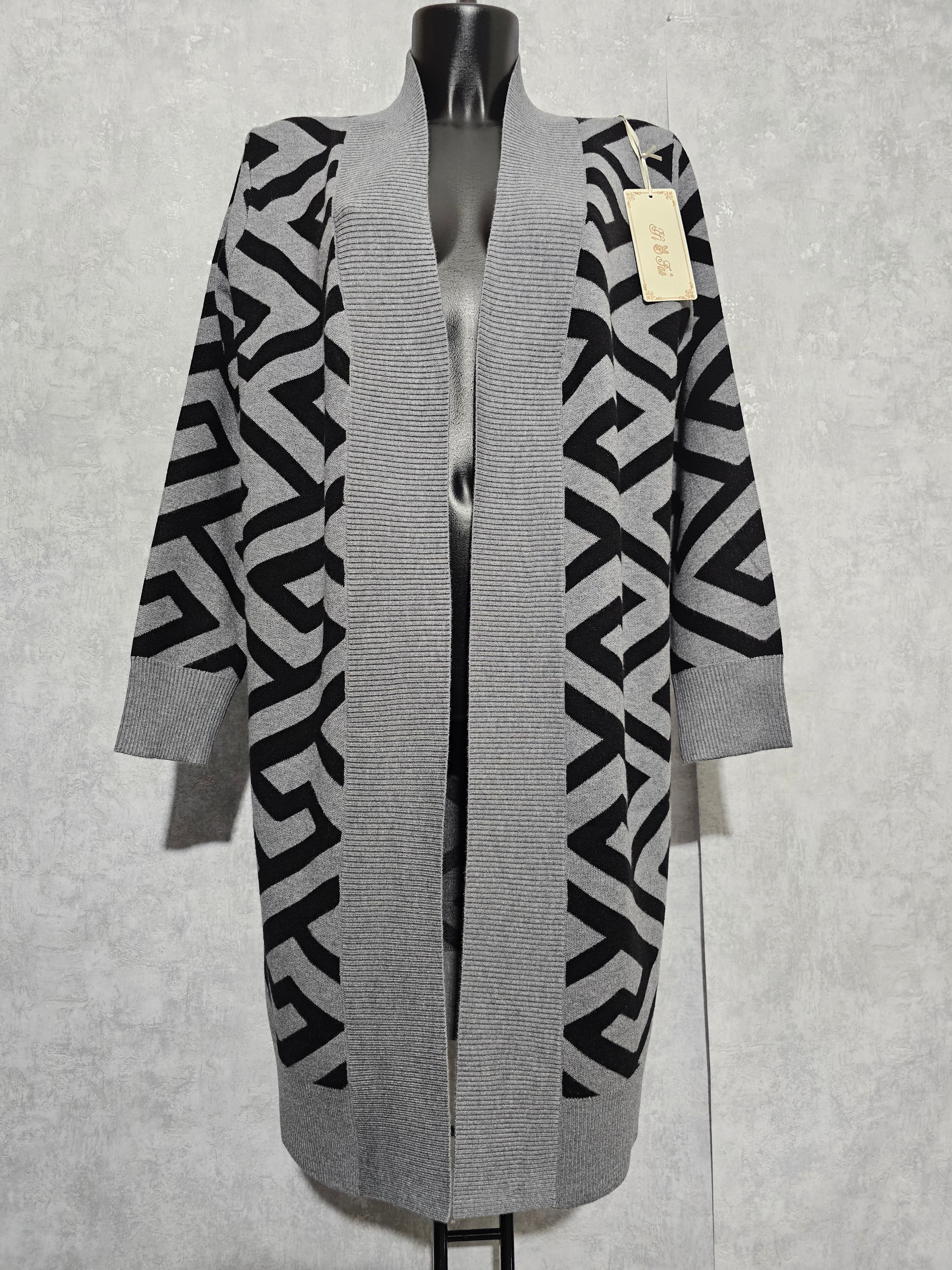 Damen Strick-Cardigan • Lang & Weich • Modernes Muster •M/L und L/XL • Grau/Schwarz