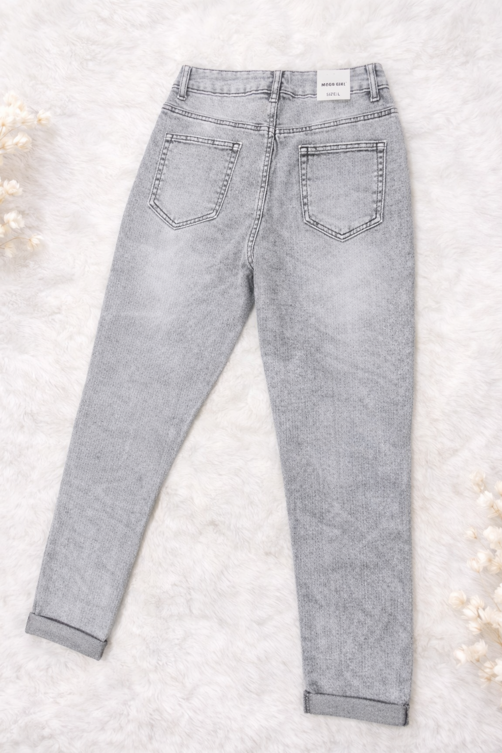 Graue High-Waist Jeans mit Strassdetails | 7/8 Slim Fit