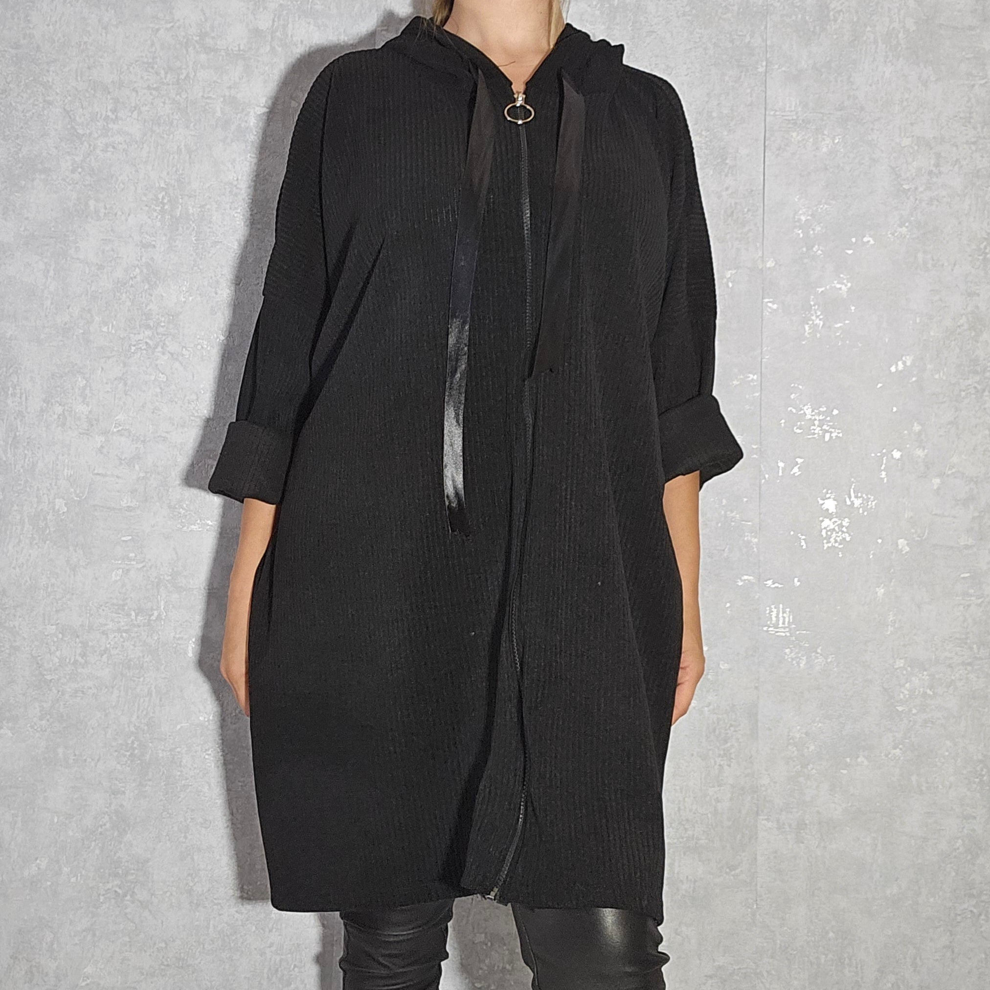 Oversize Jacke/Tunika mit Kapuze, Reißverschluss & Taschen