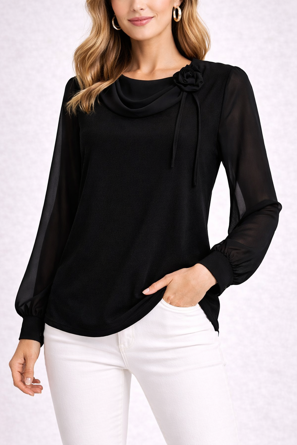 Elegante Chiffonbluse mit Blumen-Detail – Made in Europe