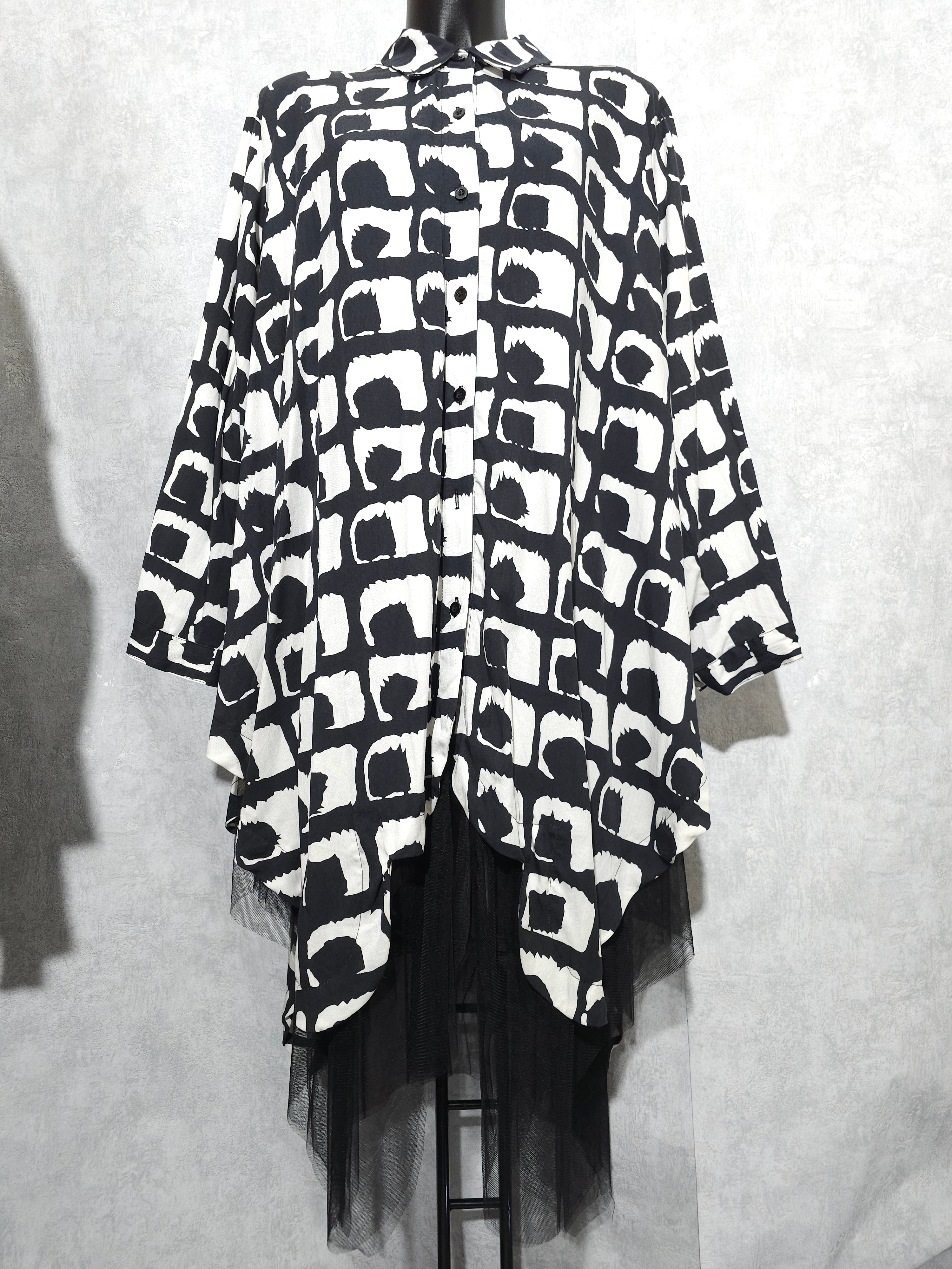 Schwarz-Weiße Oversize Tunika mit Tüll – Langarm | XXL–XXXL