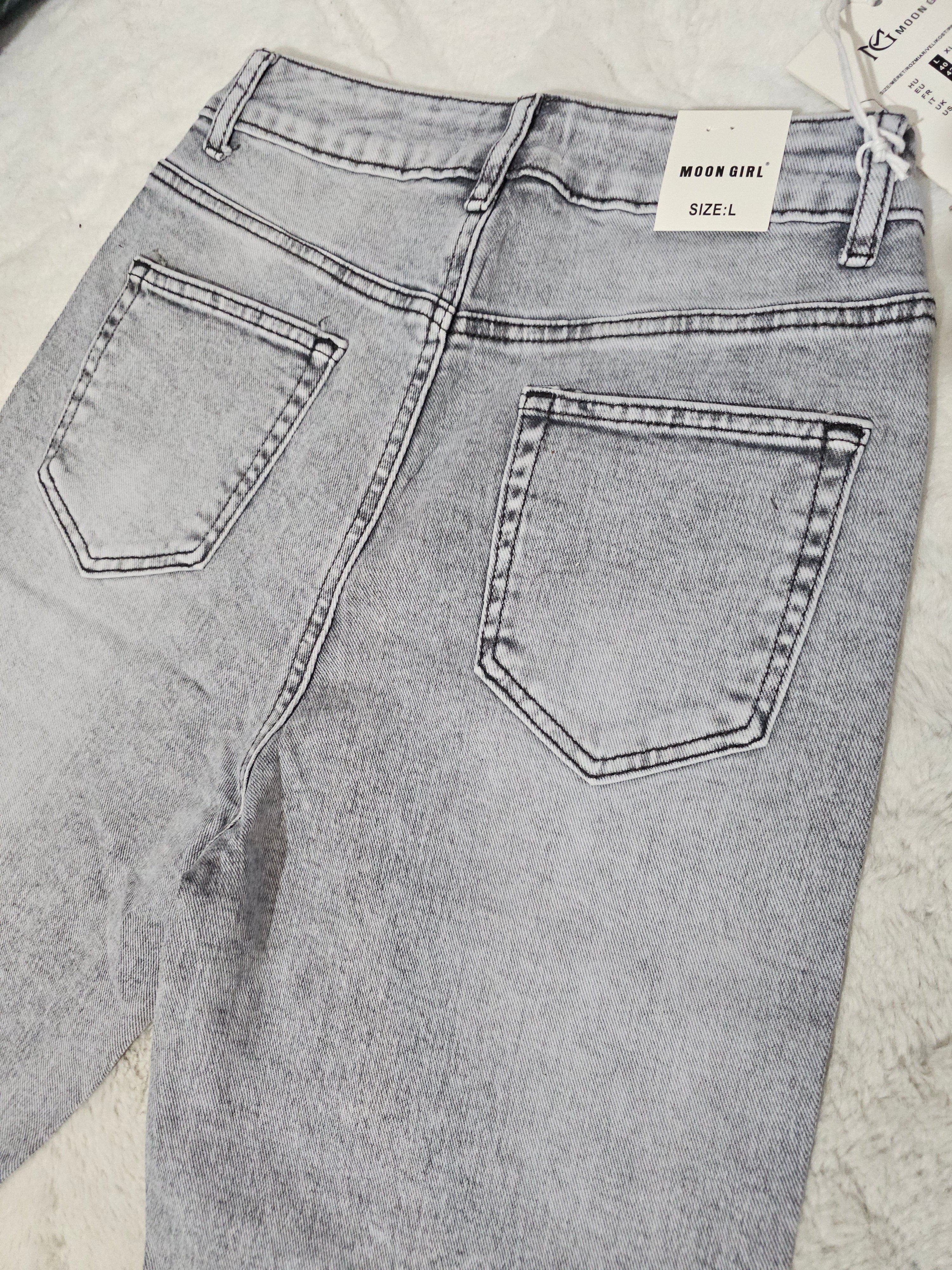 Graue High-Waist Jeans mit Strassdetails | 7/8 Slim Fit