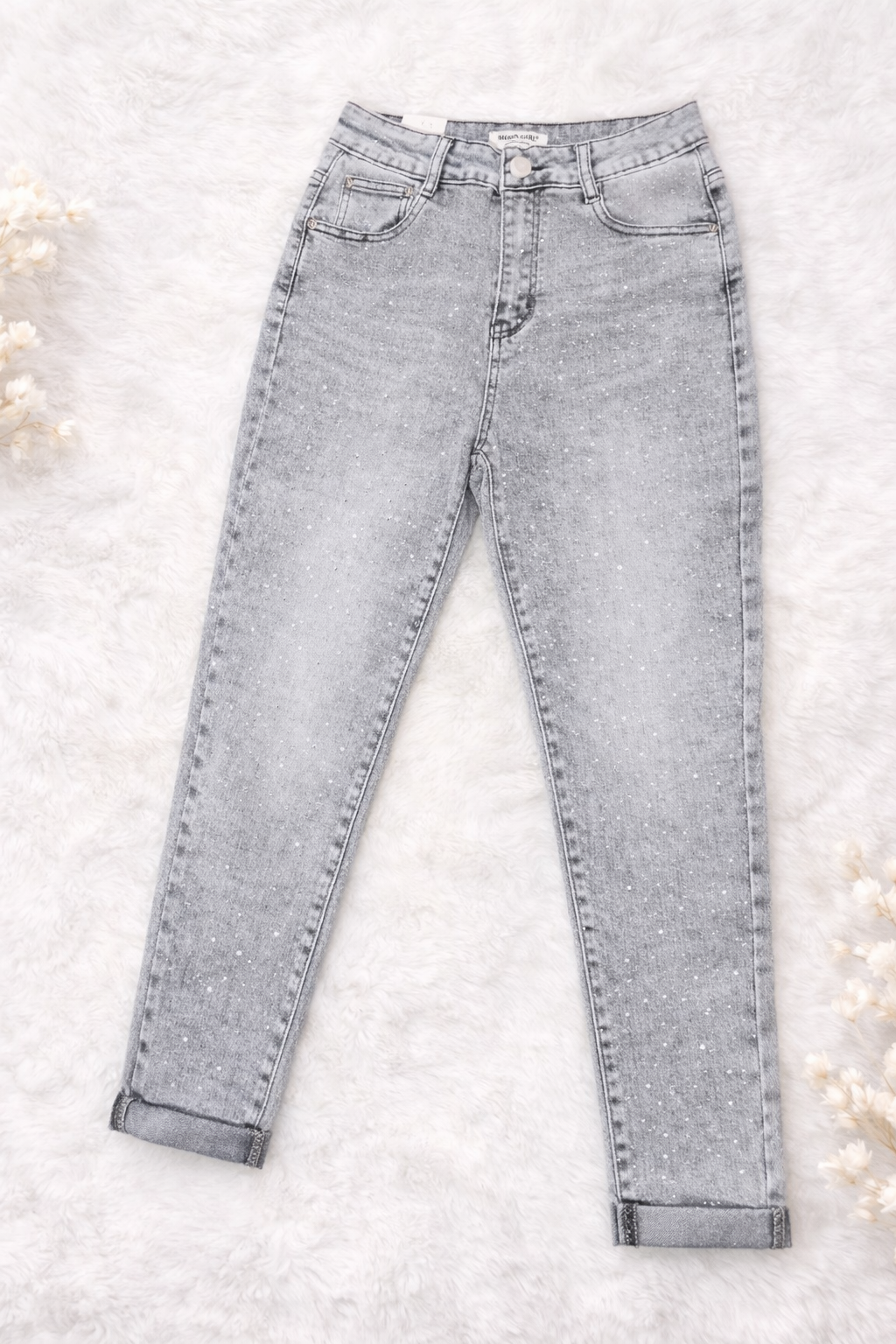 Graue High-Waist Jeans mit Strassdetails | 7/8 Slim Fit