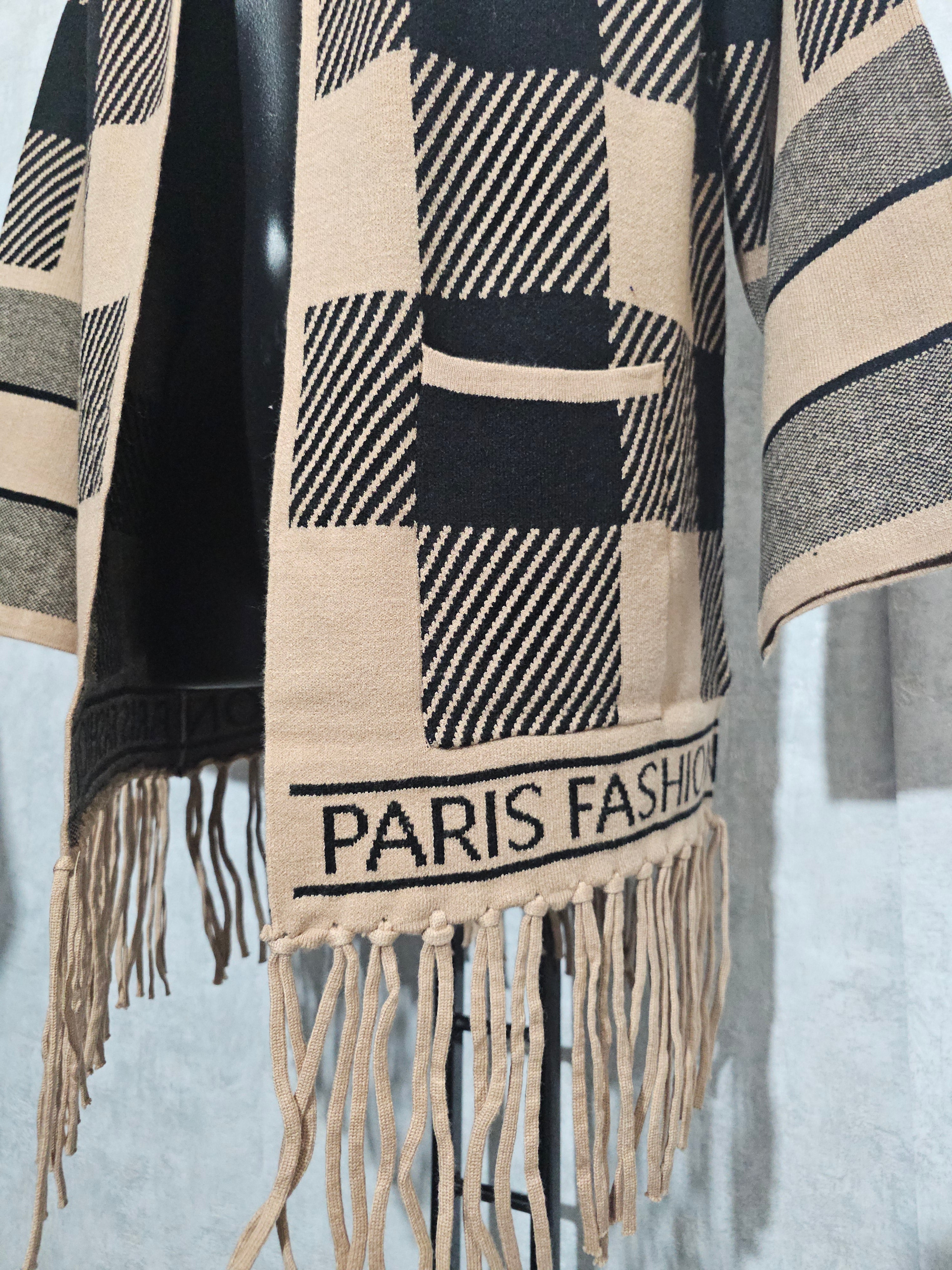 Paris Fashion Cardigan – Premium Kaschmir-Anteil, M/L – Beige/Schwarz, Fransen – Weich & Warm