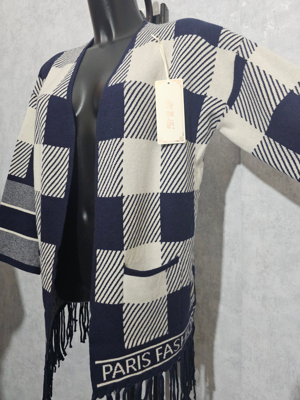 Paris Fashion Cardigan – Premium Kaschmir-Anteil, XL/XXL – Navy/Weiß, Fransen – Weich & Warm