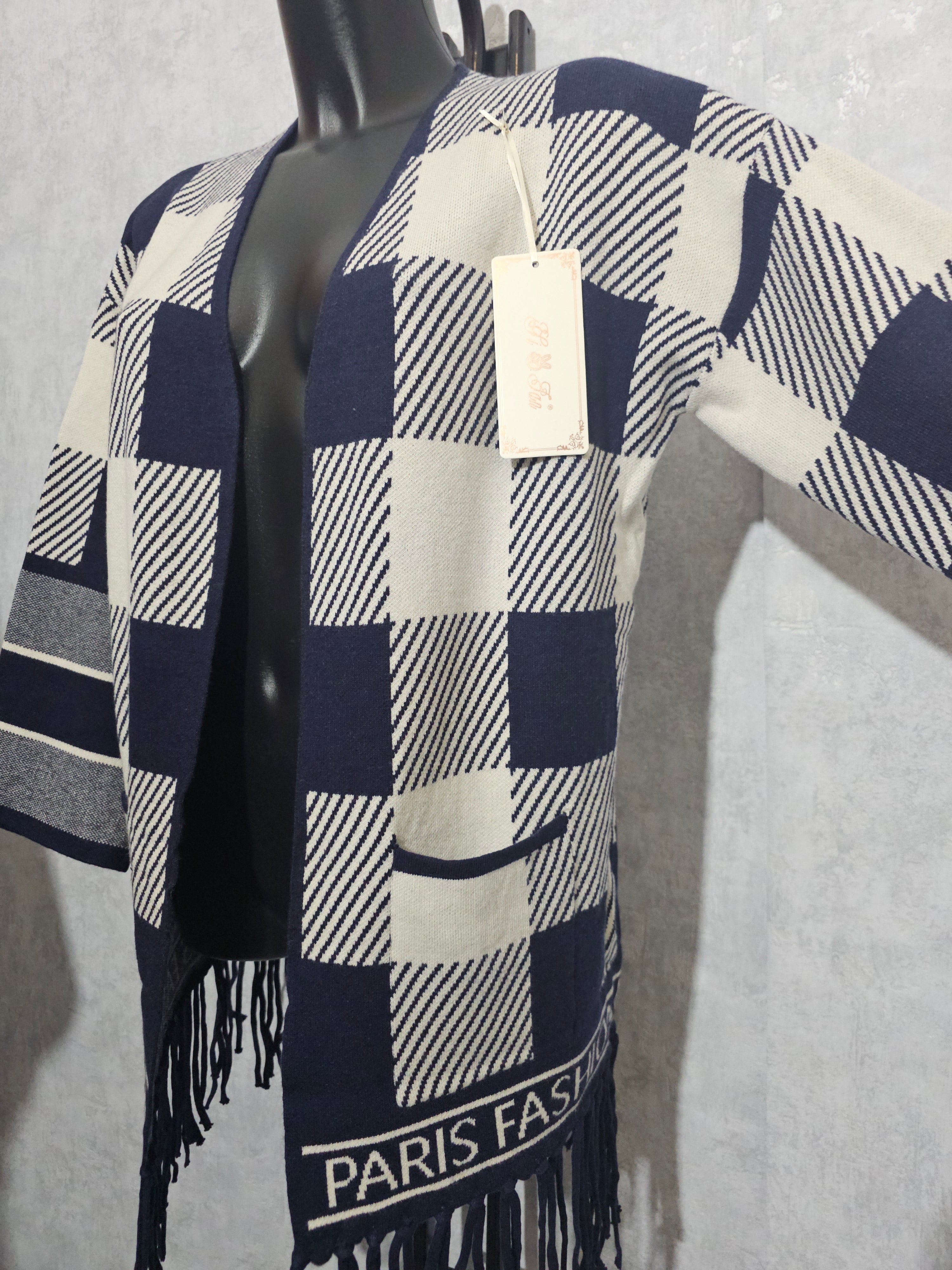 Paris Fashion Cardigan – Premium Kaschmir-Anteil, XL/XXL – Navy/Weiß, Fransen – Weich & Warm