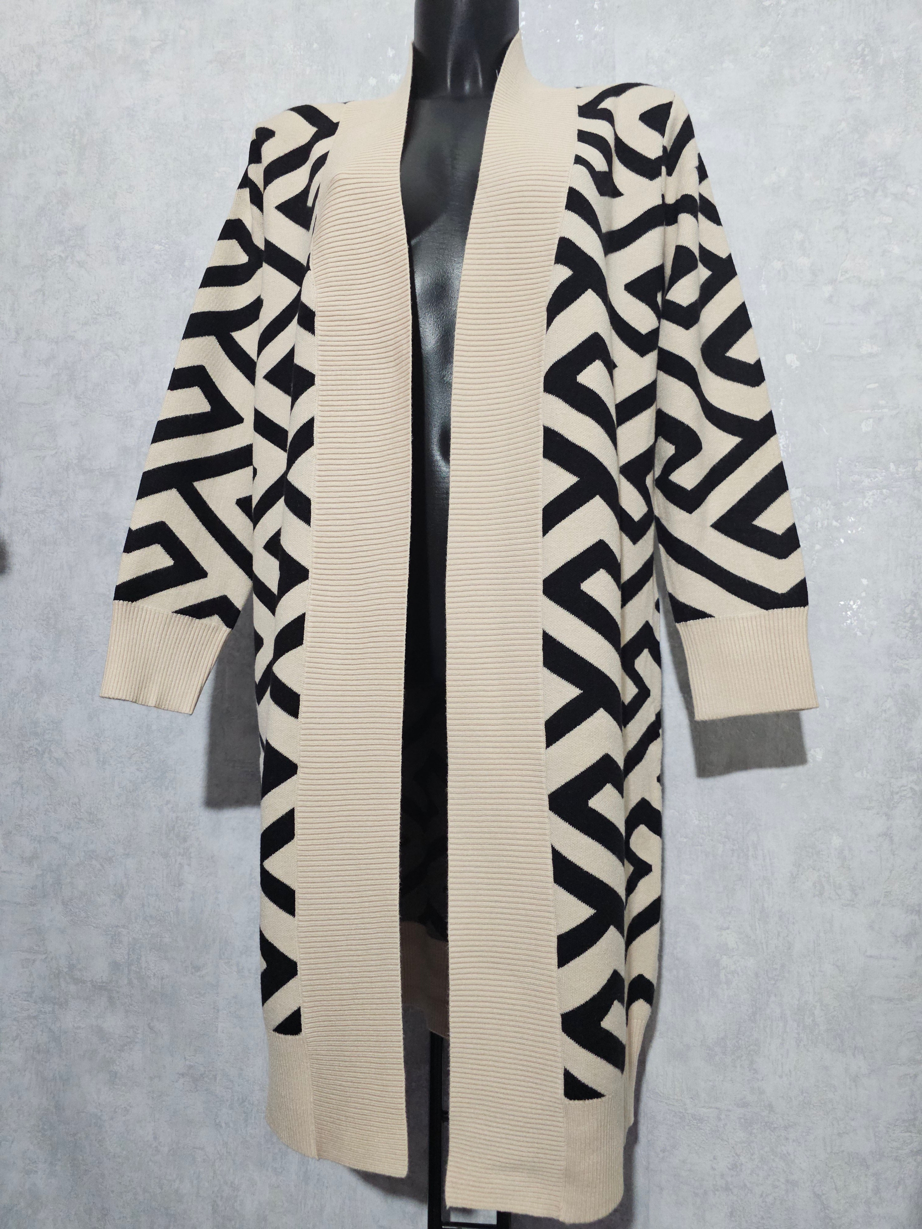 Eleganter langer Cardigan – Beige & Schwarz – hochwertig, weich & warm – M/L & L/XL