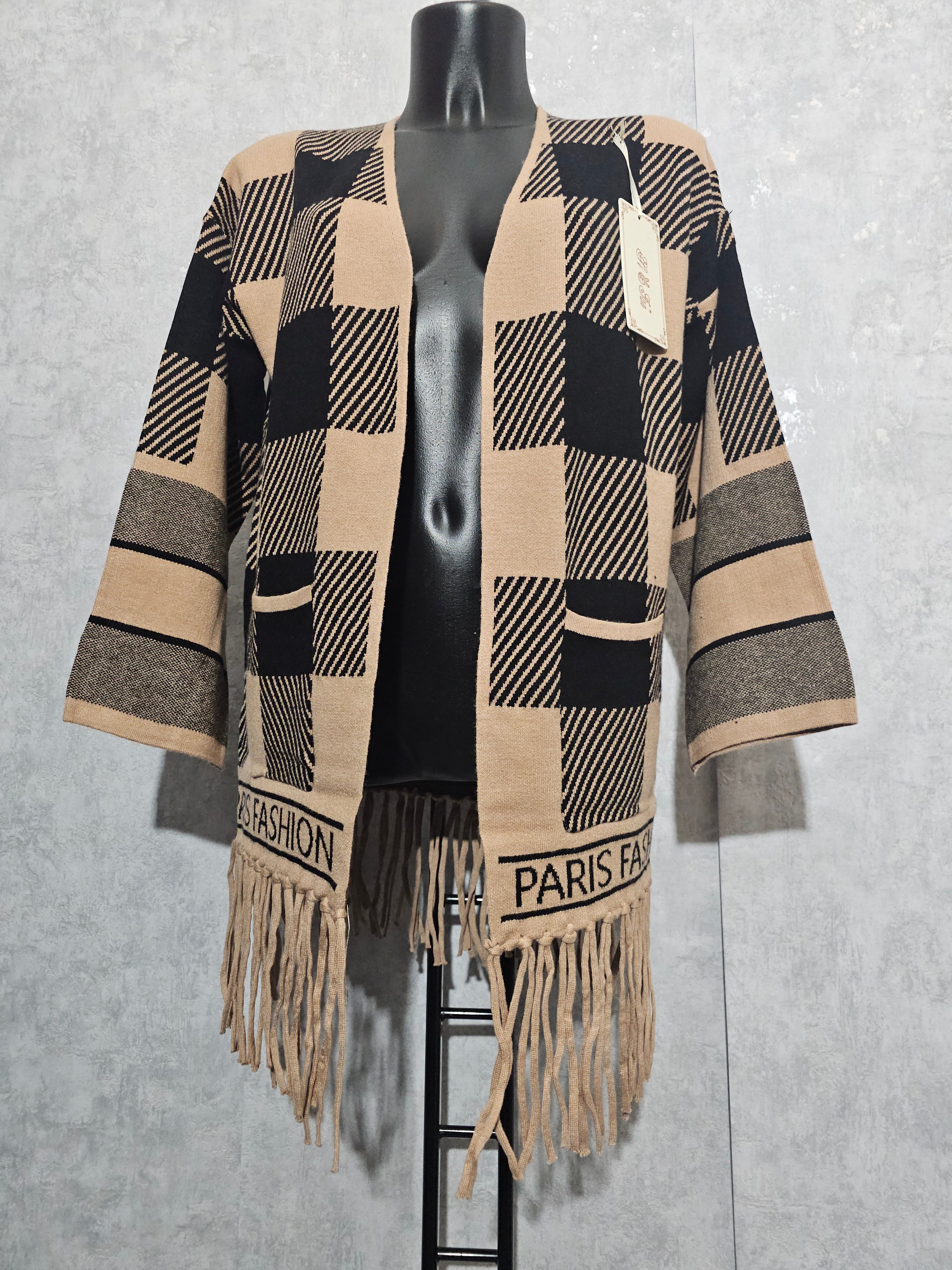 Paris Fashion Cardigan – Premium Kaschmir-Anteil, M/L – Beige/Schwarz, Fransen – Weich & Warm
