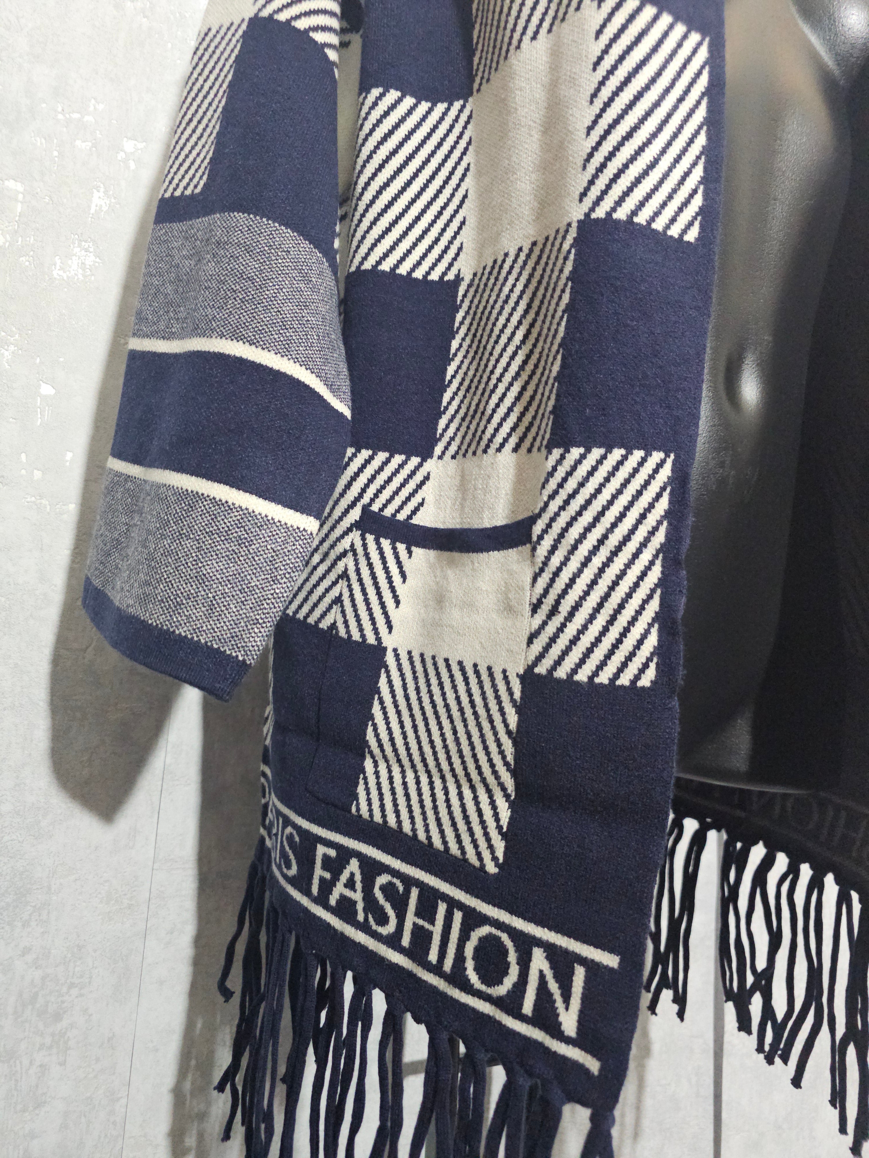 Paris Fashion Cardigan – Premium Kaschmir-Anteil, XL/XXL – Navy/Weiß, Fransen – Weich & Warm