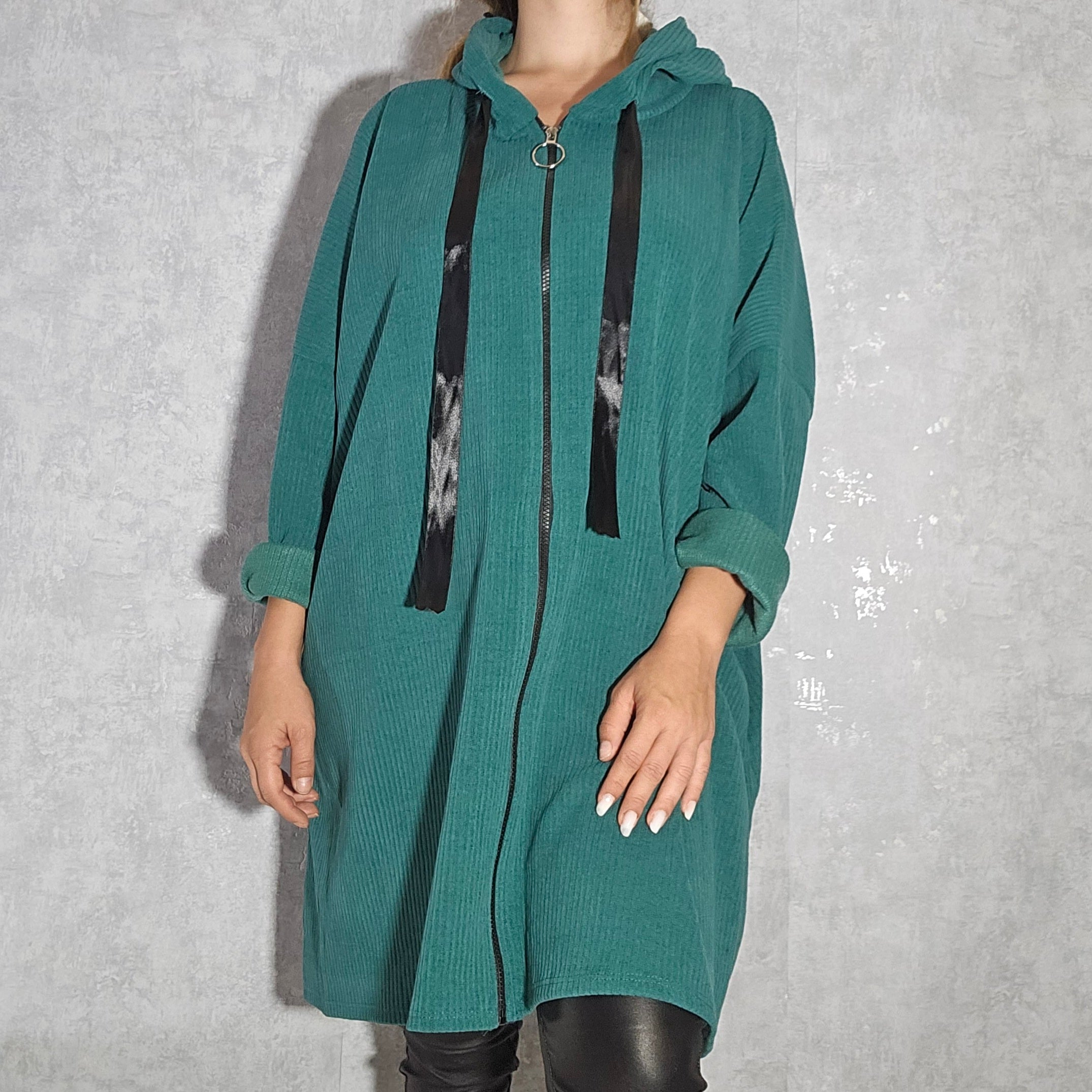Oversize Jacke/Tunika mit Kapuze, Reißverschluss & Taschen