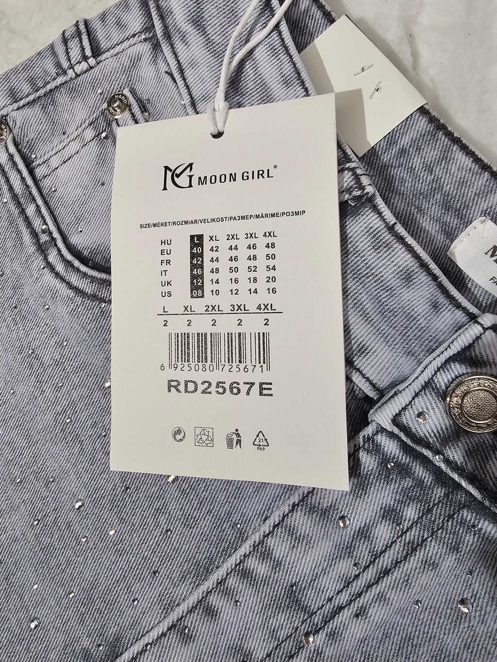 Graue High-Waist Jeans mit Strassdetails | 7/8 Slim Fit