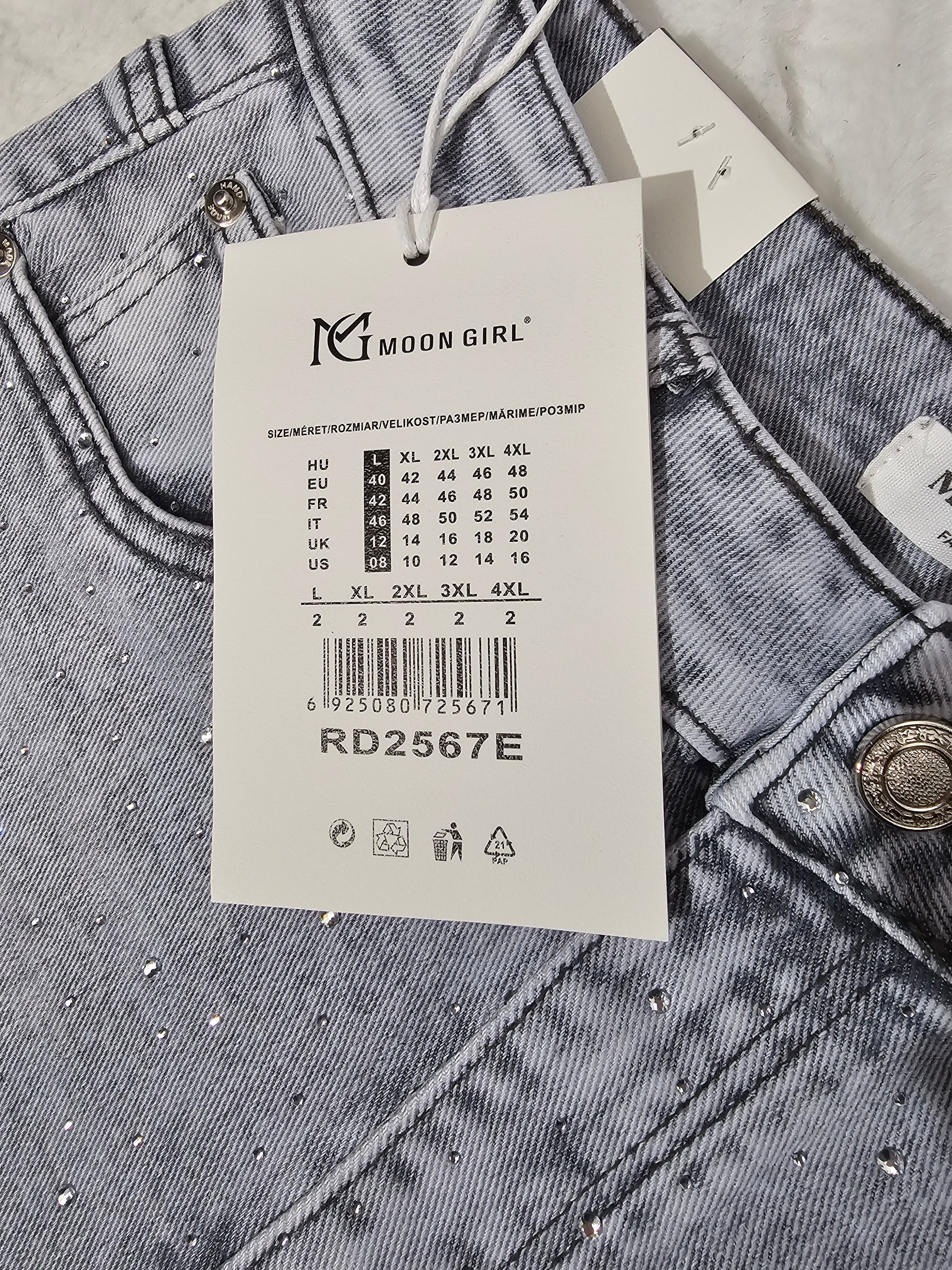 Graue High-Waist Jeans mit Strassdetails | 7/8 Slim Fit