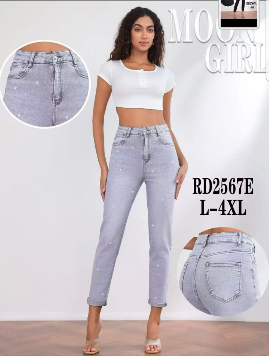 Graue High-Waist Jeans mit Strassdetails | 7/8 Slim Fit