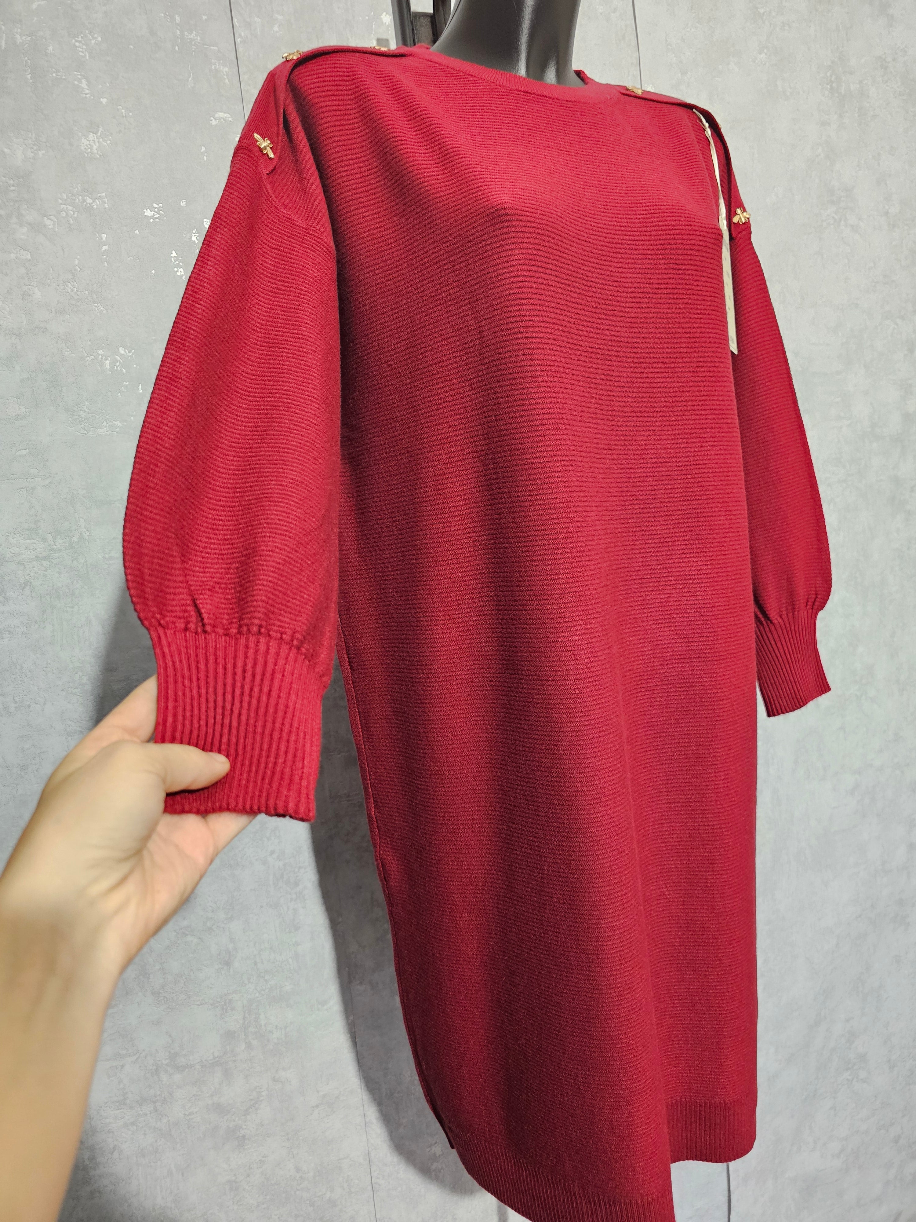 Oversize Strickkleid Damen • Elegant & Warm • Goldene Bienenknöpfe • L/XL – XL/XXL • Herbst/Winter • Premium Qualität – Bordeaux, Navy