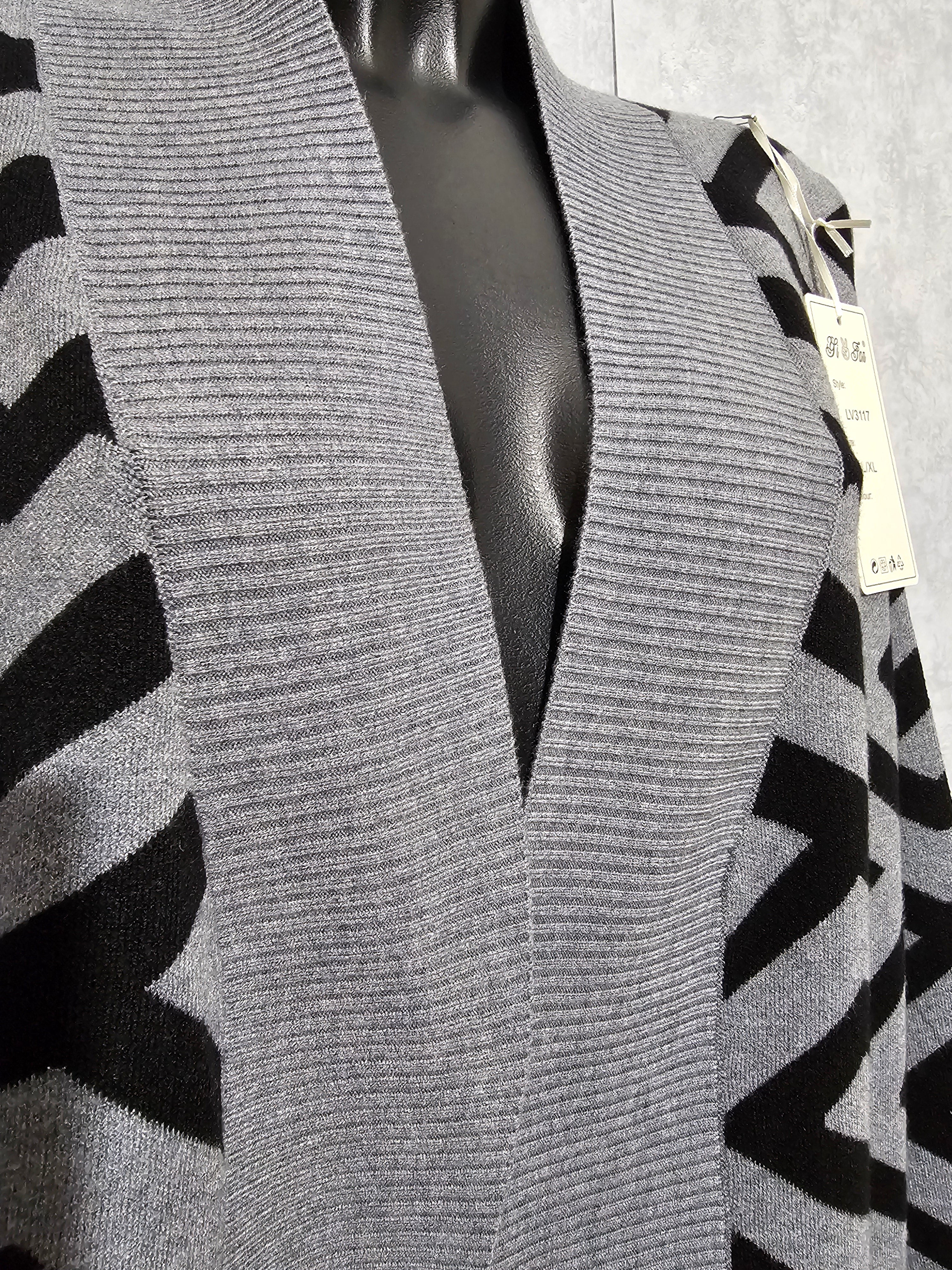 Damen Strick-Cardigan • Lang & Weich • Modernes Muster •M/L und L/XL • Grau/Schwarz