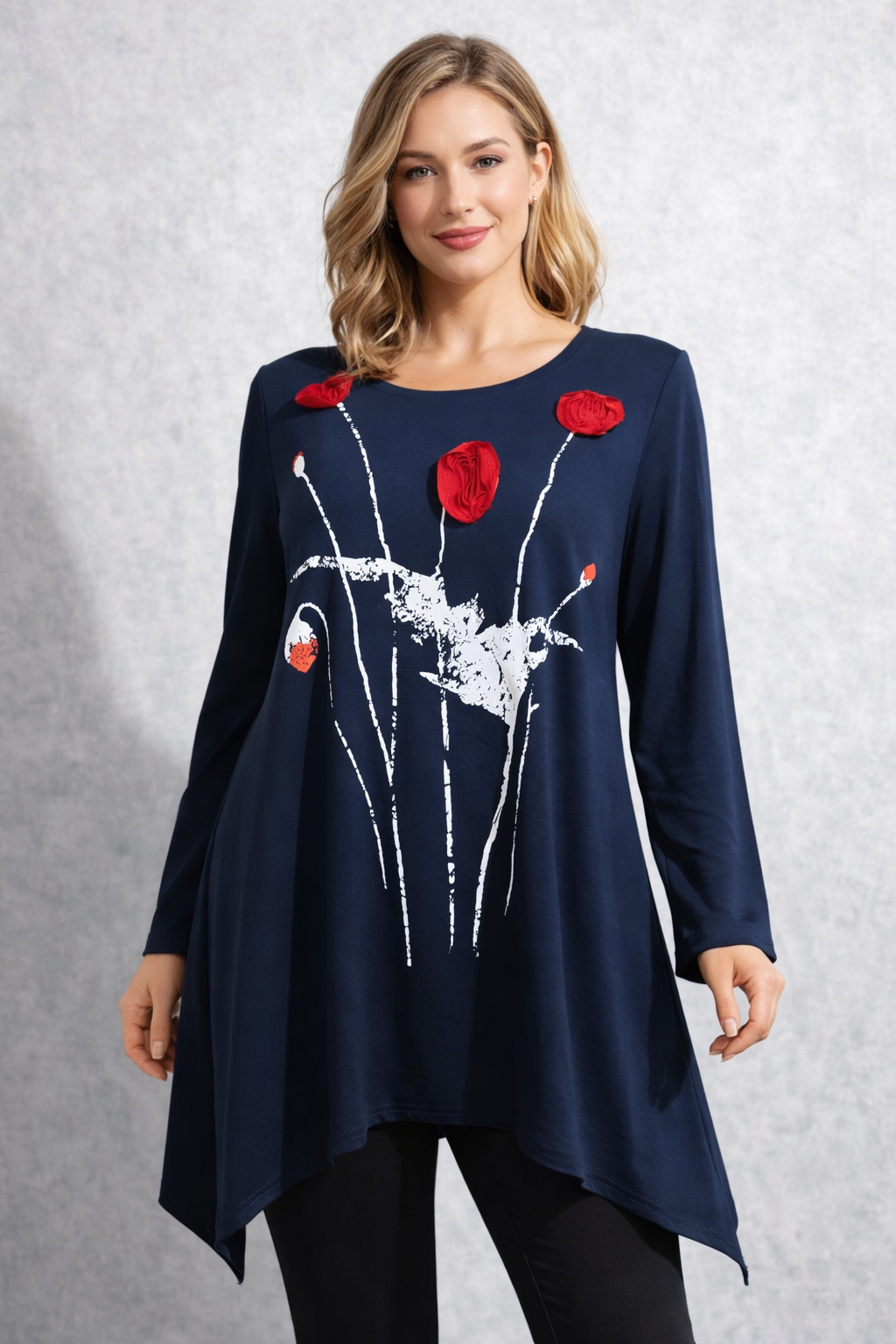 Elegante Damen Tunika mit 3D-Blumen – Blau/Rot